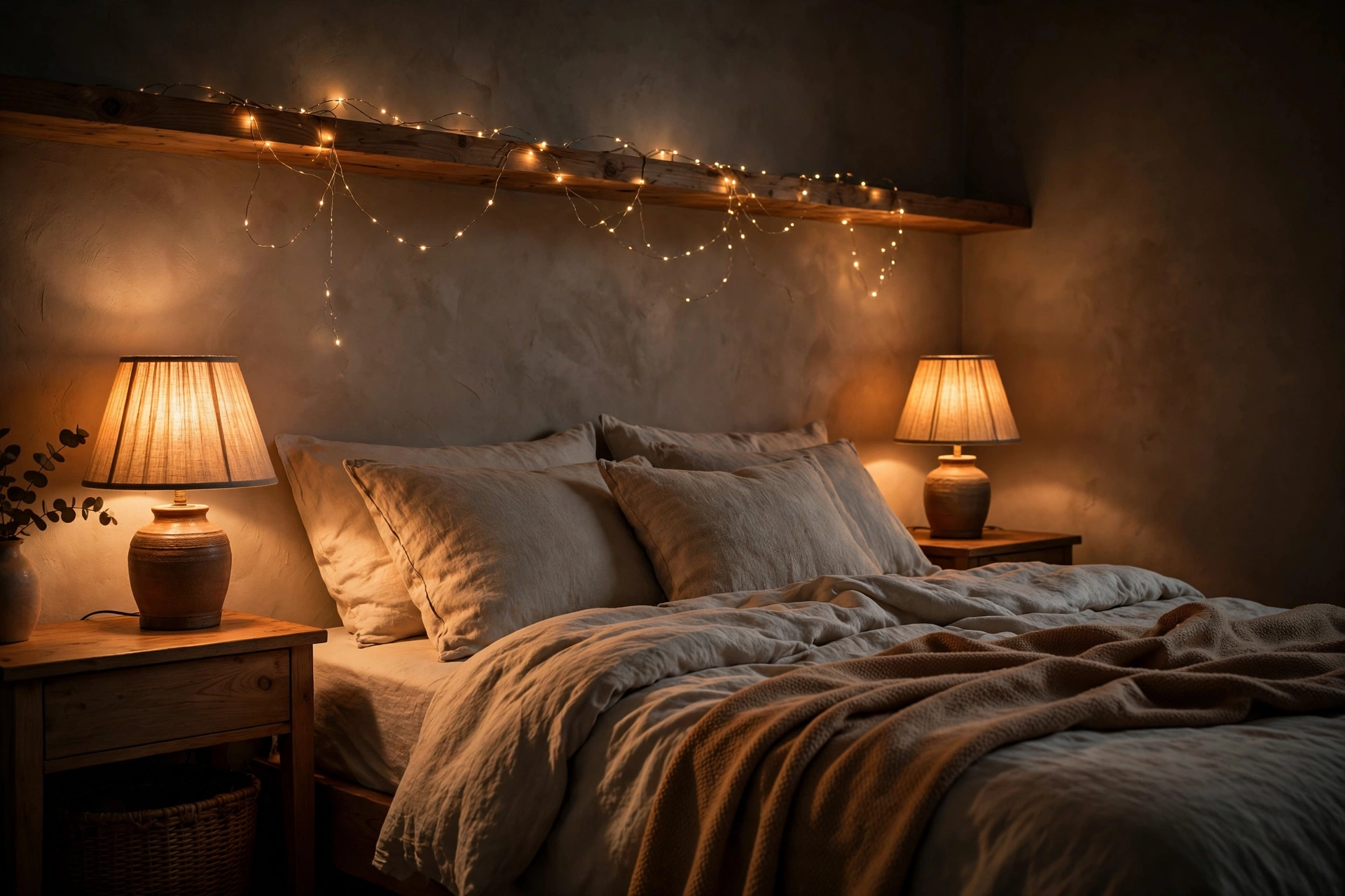 Bedroom corner glowing with warm bedside lamps and fairy lights in the evening — cozy bedroom idea on a budget