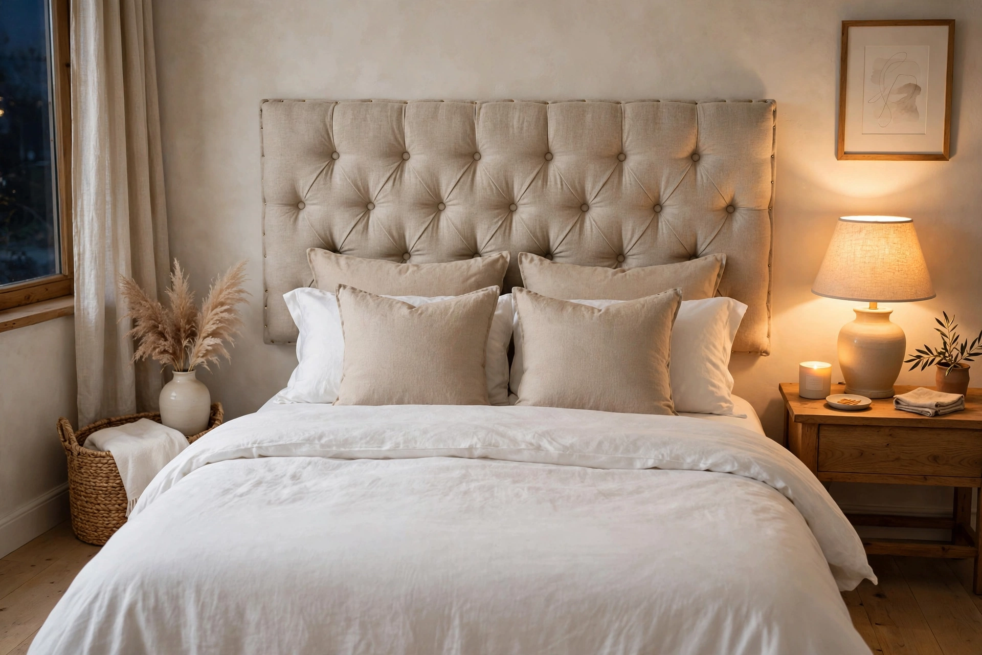DIY upholstered fabric headboard in neutral linen behind a styled bed — cozy bedroom idea on a budget