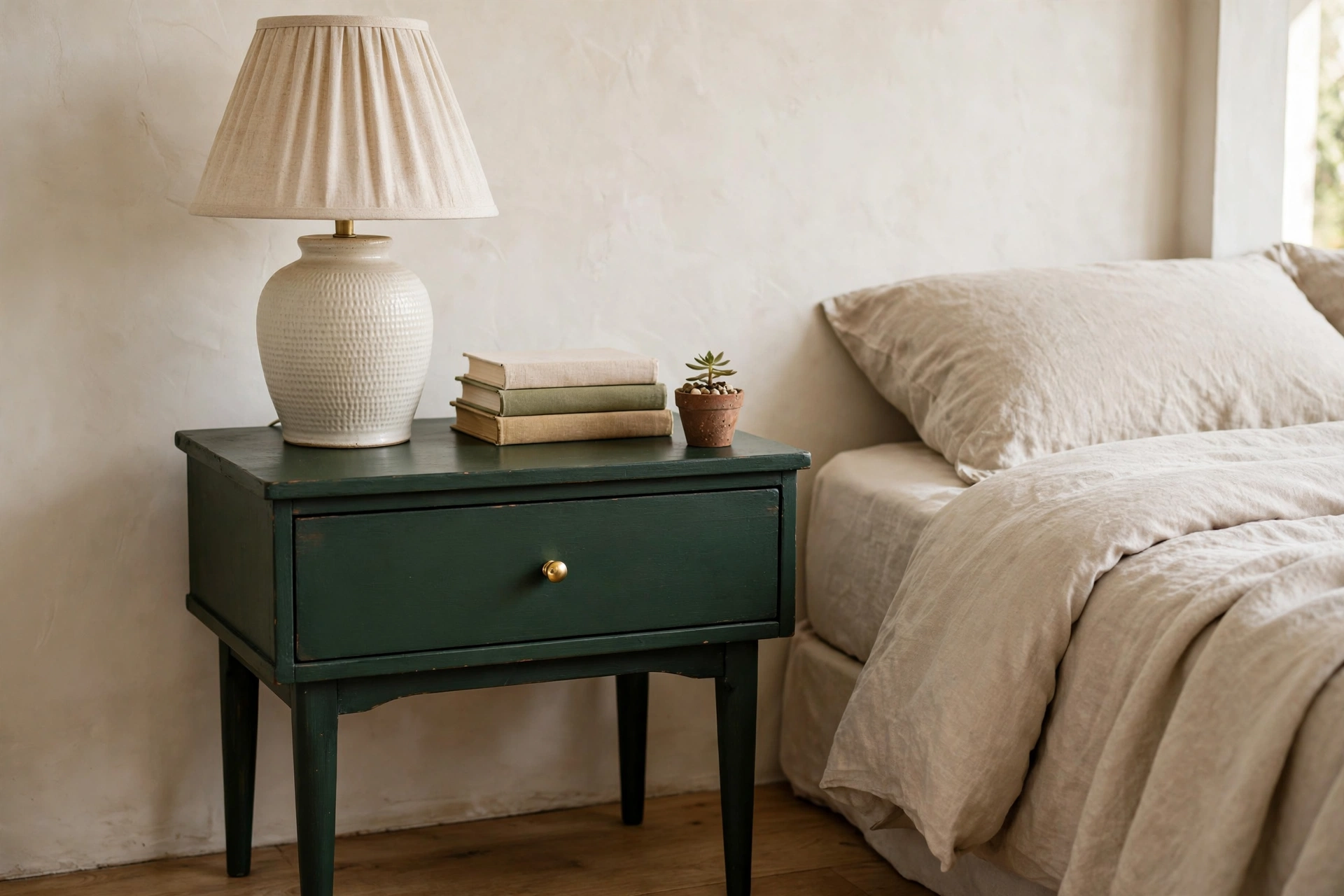 Refreshed thrifted nightstand painted deep green with brass knob, styled with lamp and books — cozy bedroom idea on a budget