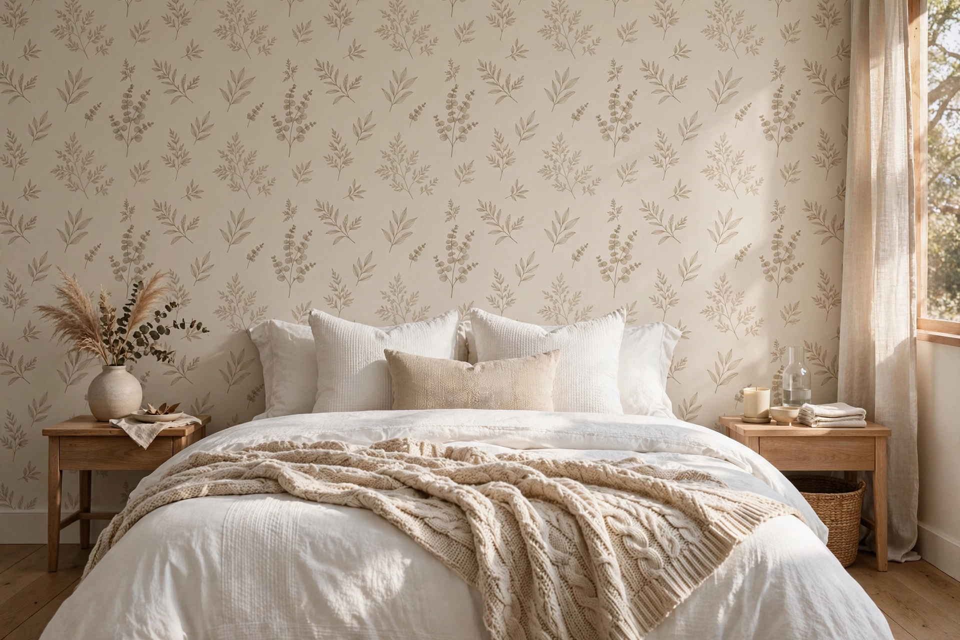Bedroom accent wall with peel-and-stick wallpaper in a subtle botanical pattern — cozy bedroom idea on a budget