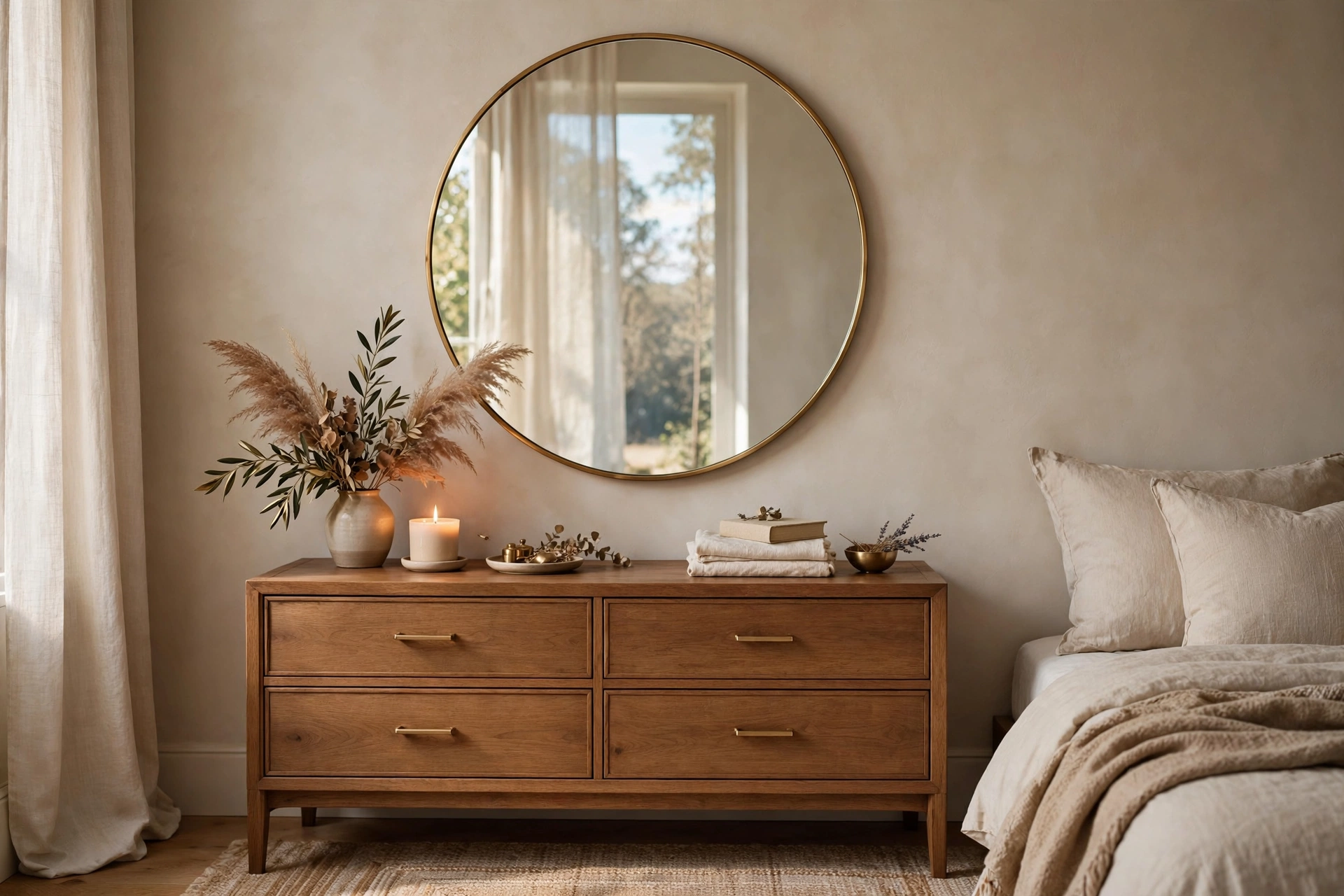 Round mirror above a dresser reflecting window light in a cozy bedroom — cozy bedroom idea on a budget