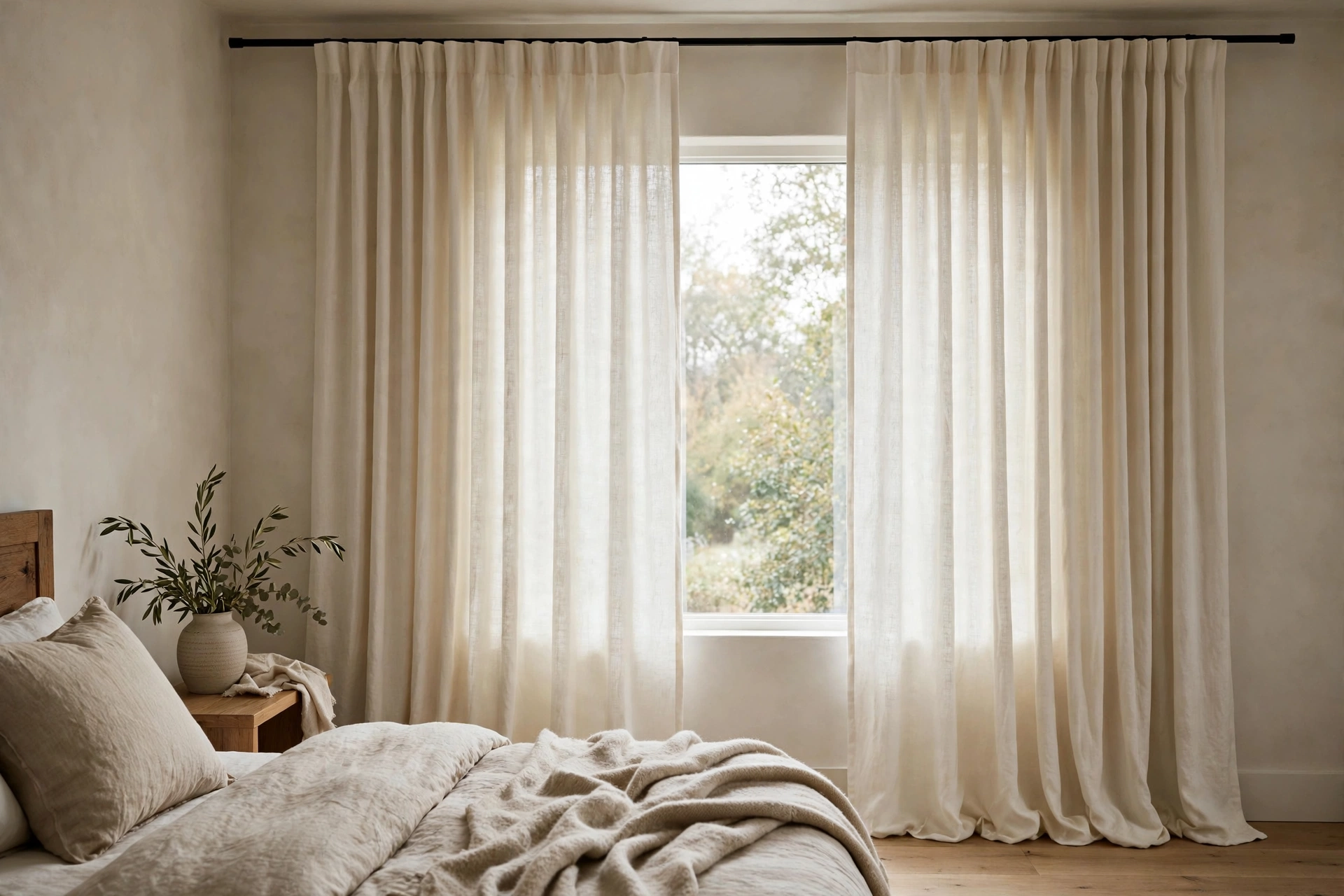 Linen curtains hung high and wide framing a bedroom window — cozy bedroom idea on a budget