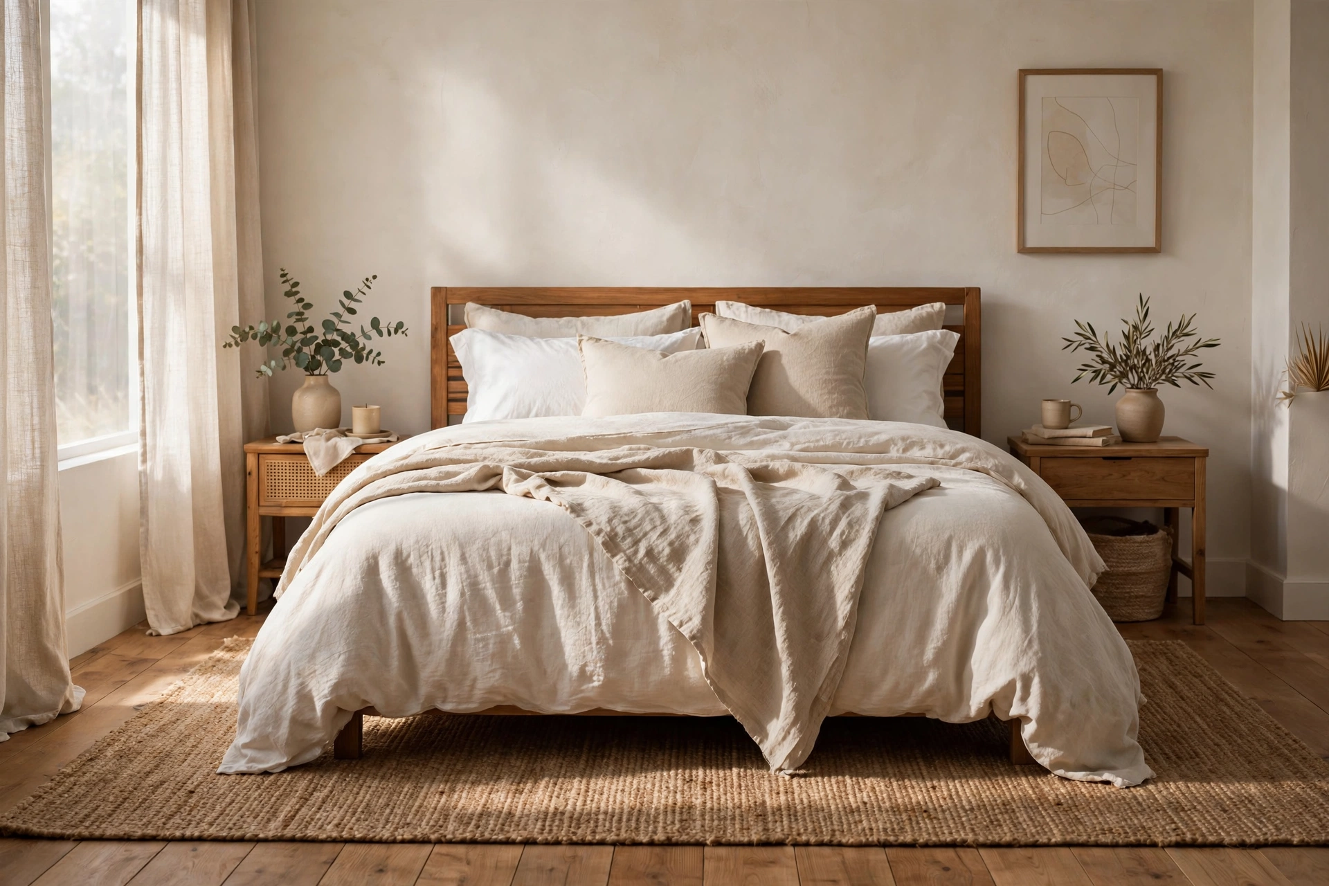 Natural fiber rug layered under a bed extending on both sides — cozy bedroom idea on a budget