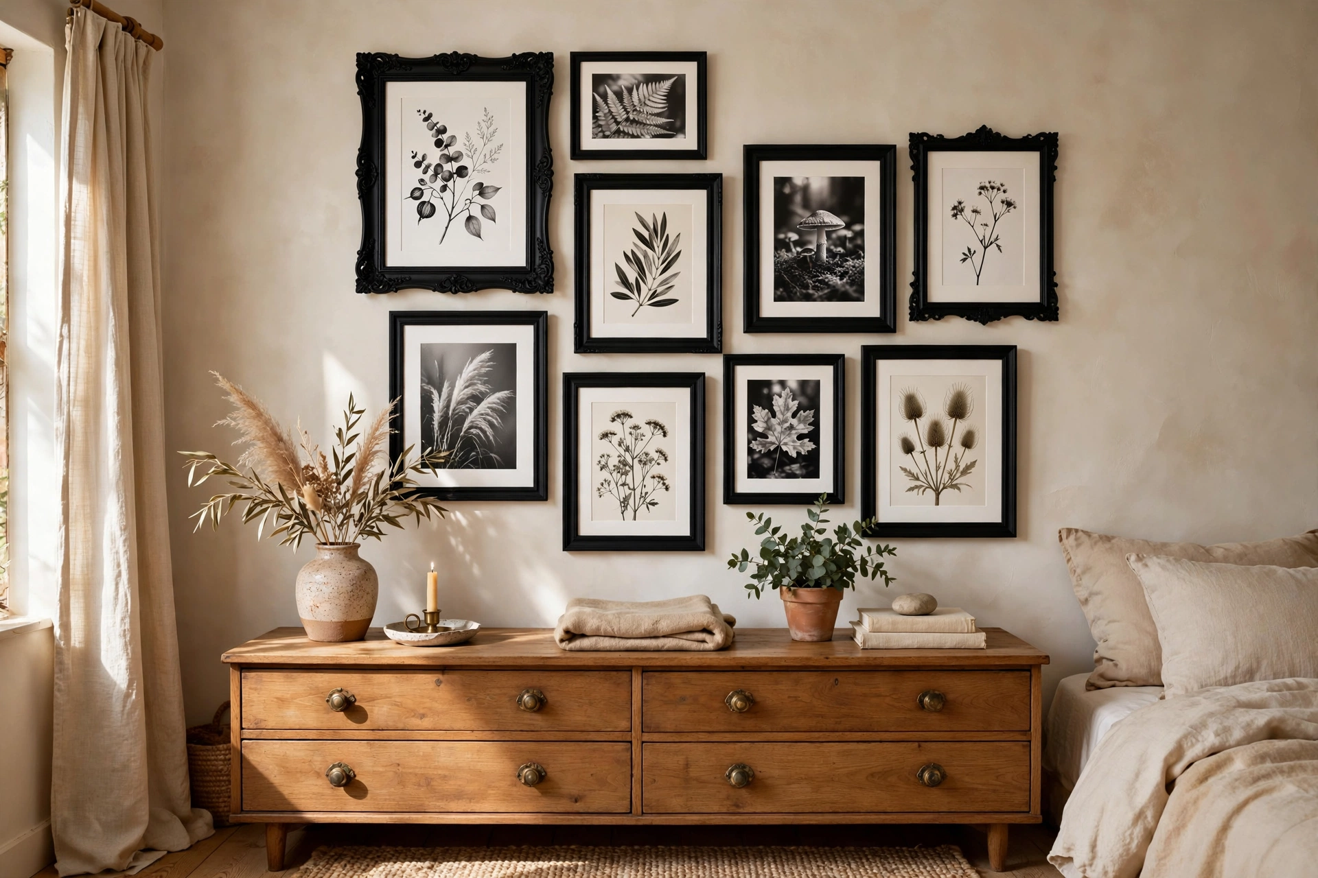Gallery wall of thrifted frames painted black above a bedroom dresser — cozy bedroom idea on a budget