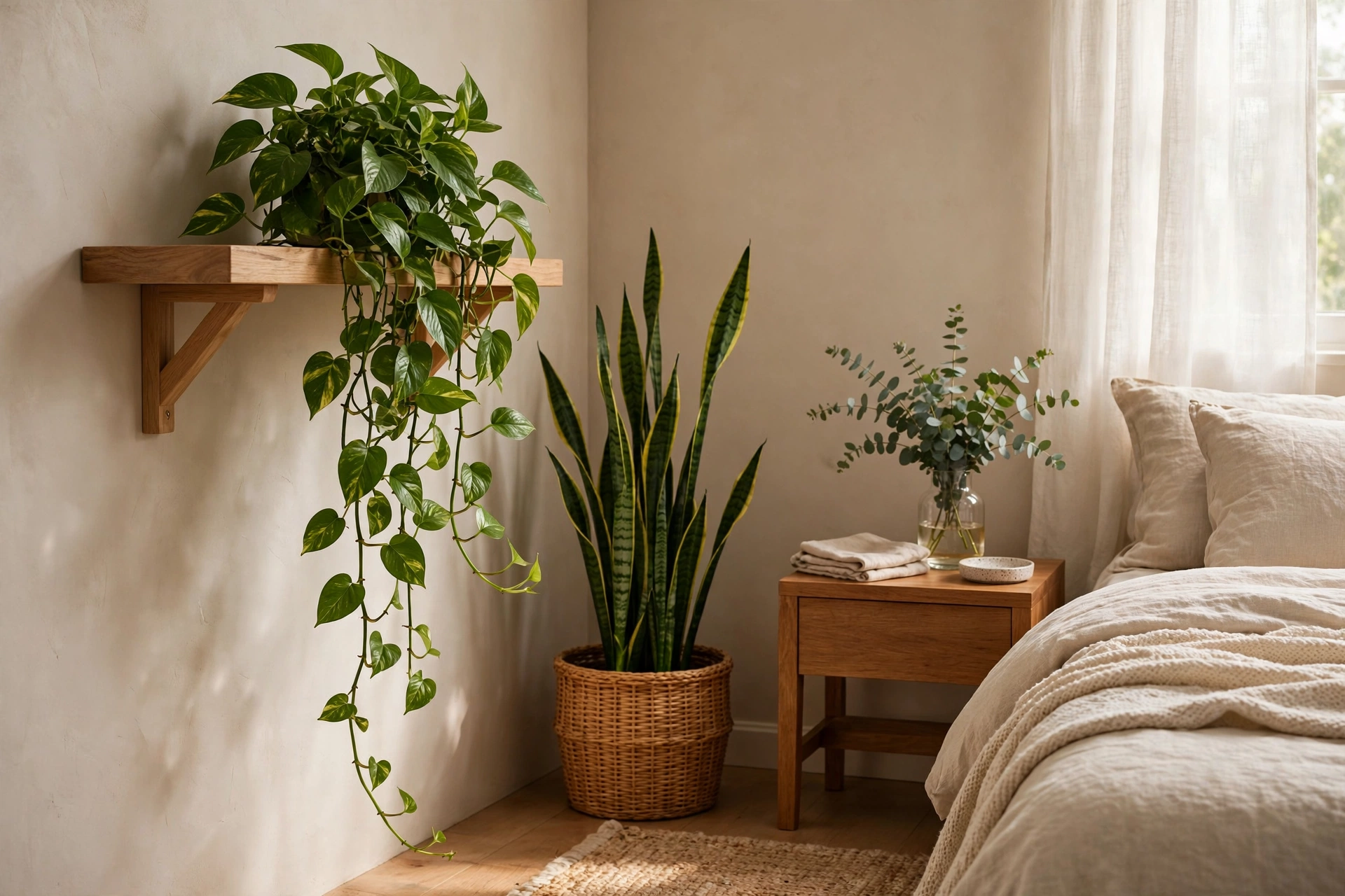 Bedroom corner with pothos plant trailing from a shelf and snake plant on the floor — cozy bedroom idea on a budget