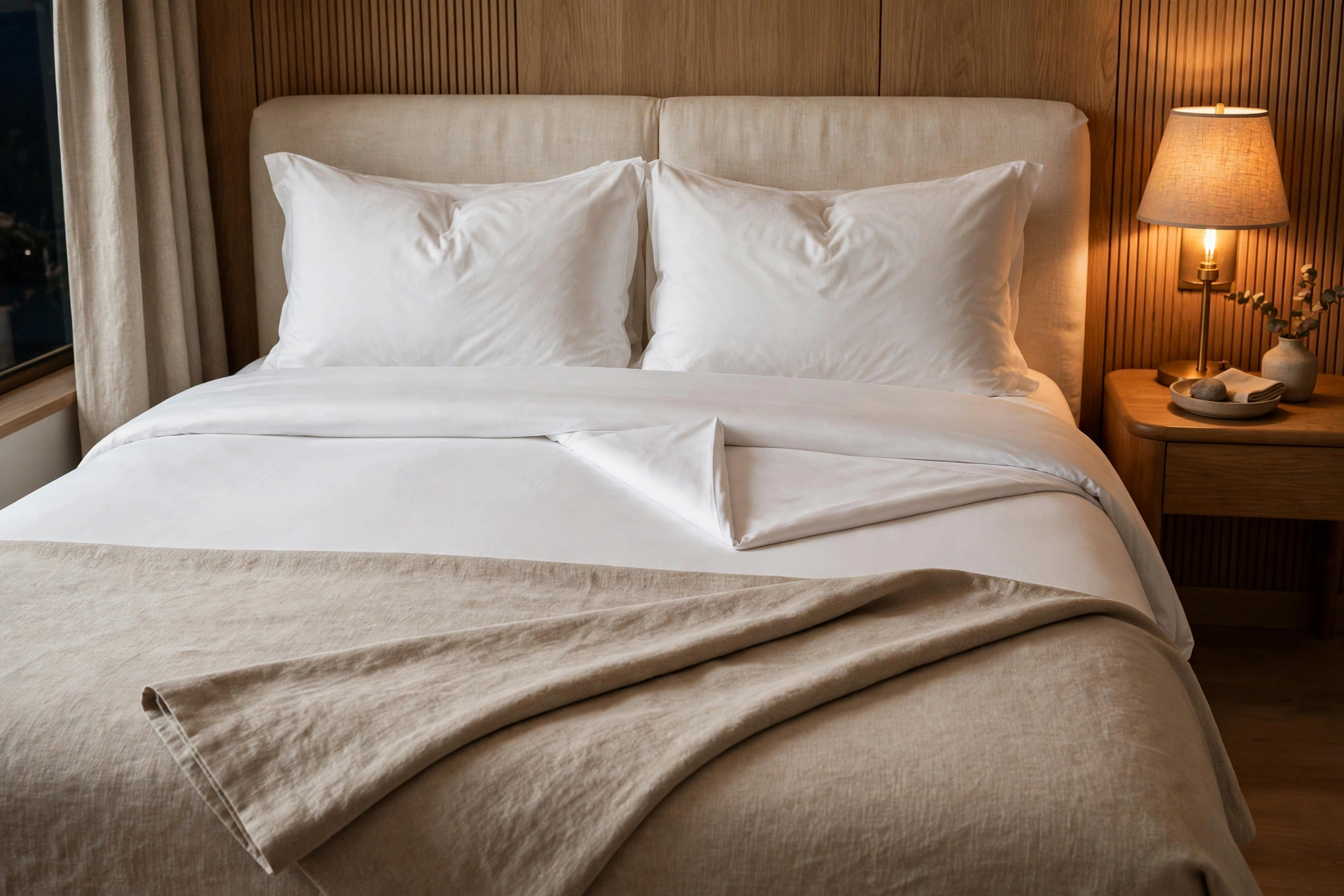 Hotel-styled bed with crisp white linens, folded throw, and plumped pillows — cozy bedroom idea on a budget