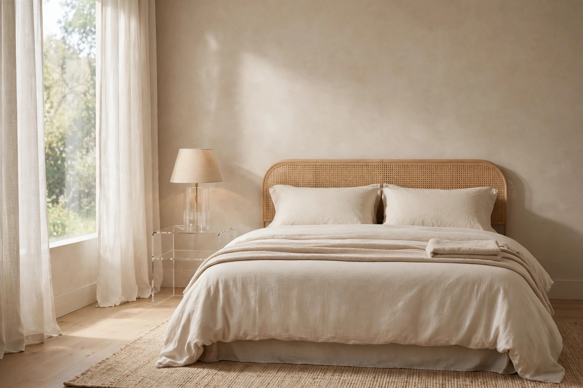 Decluttered cozy bedroom in a unified warm neutral palette — cozy bedroom idea on a budget