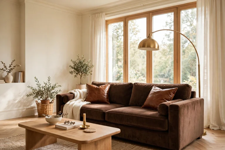 Warm living room with a chocolate brown velvet sofa, brass arc lamp, and cream walls — chocolate brown decor ideas