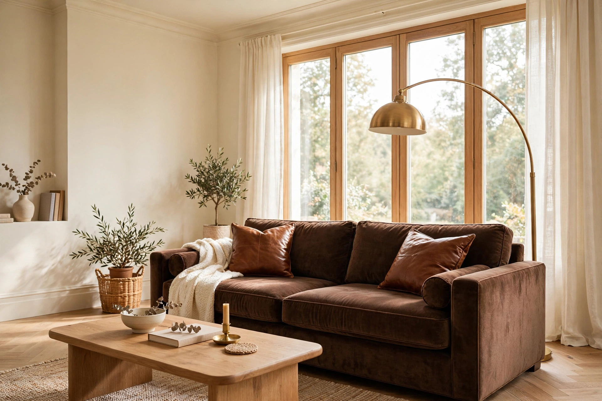 Warm living room with a chocolate brown velvet sofa, brass arc lamp, and cream walls — chocolate brown decor ideas