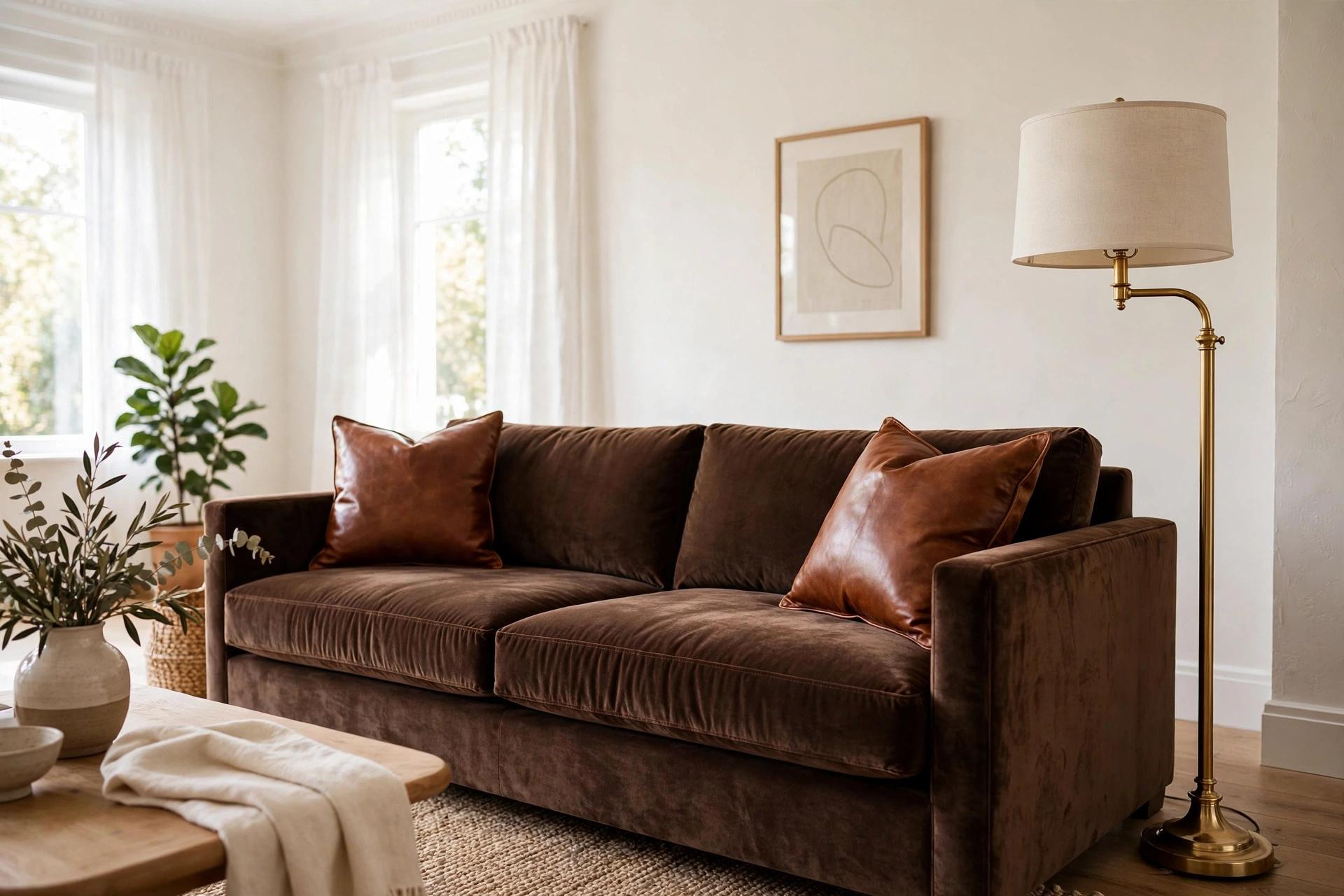 Chocolate brown velvet sofa with cognac leather pillows in a bright living room — chocolate brown decor idea