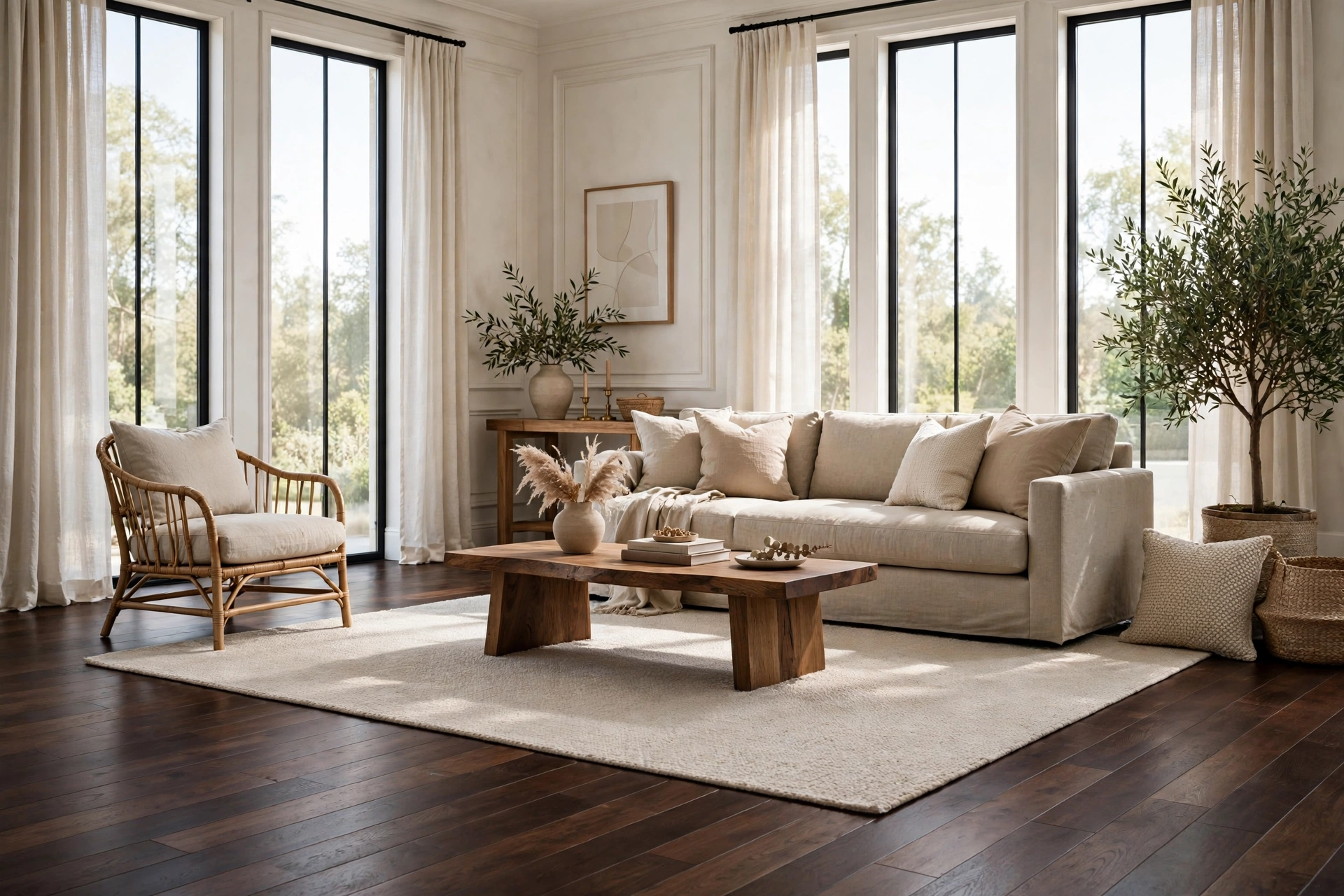 Living room with dark chocolate-stained hardwood floors and a light area rug — chocolate brown decor idea