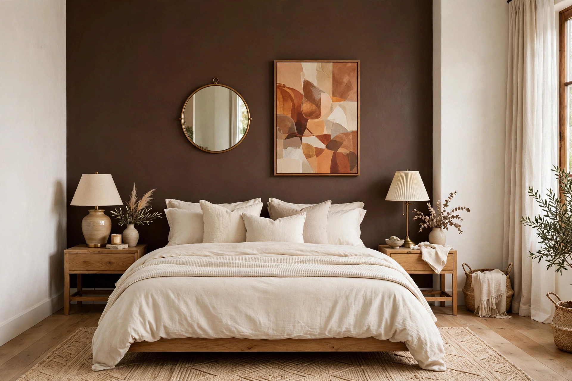 Chocolate brown painted accent wall with a brass-framed mirror and warm art — chocolate brown decor idea