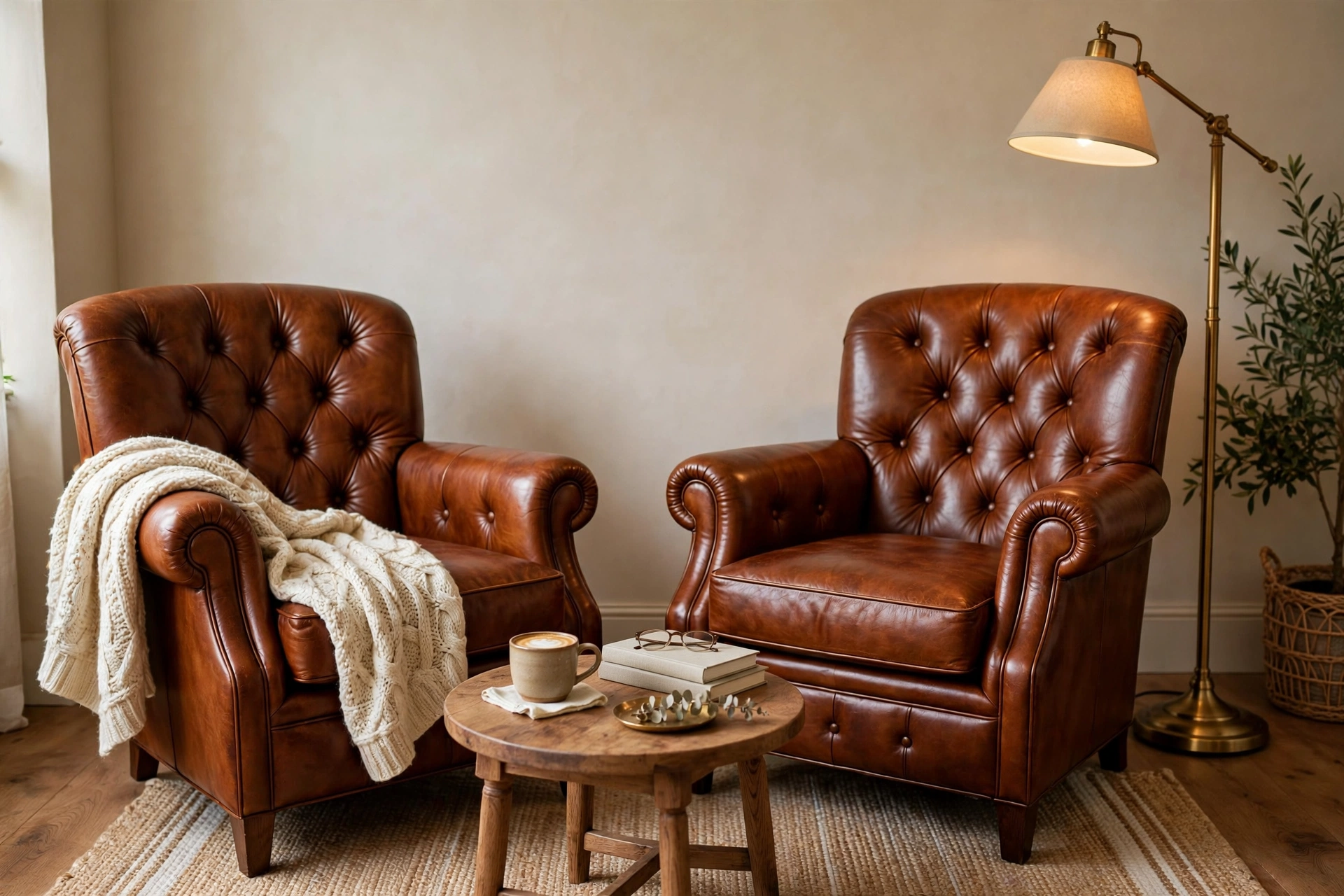 Two cognac leather club chairs with a side table in a cozy reading corner — chocolate brown decor idea