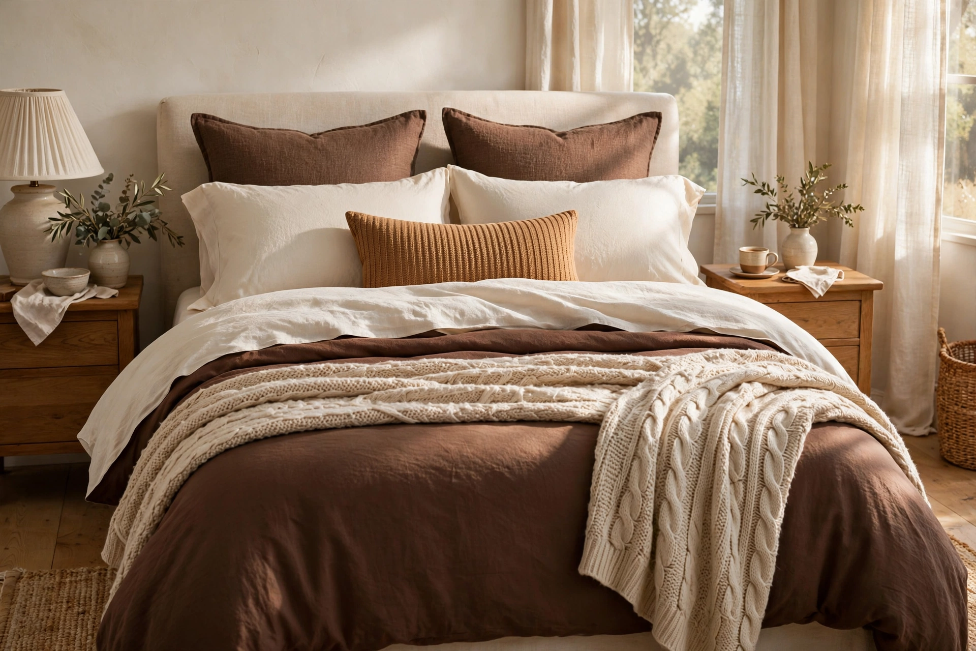 Bedroom with layered chocolate brown bedding, ivory sheets, and a knit throw — chocolate brown decor idea