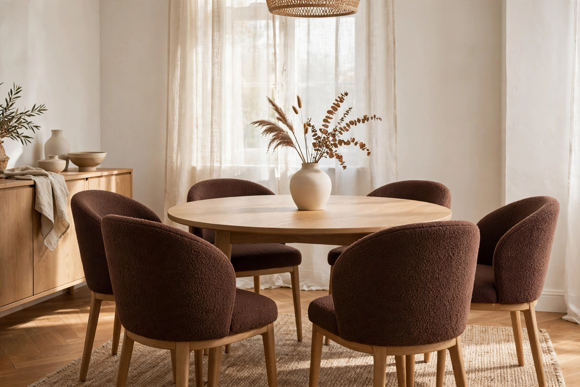 Dining room with chocolate brown boucle chairs around a light oak table — chocolate brown decor idea