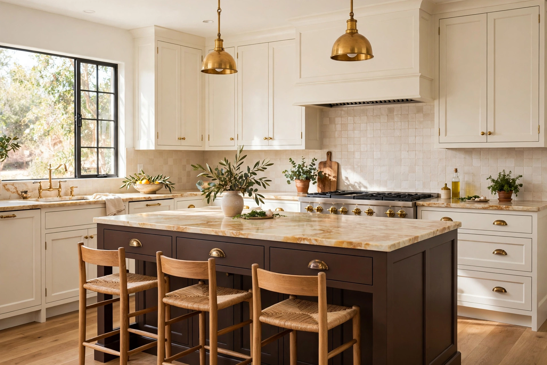 Kitchen with a chocolate brown island, cream cabinets, and brass hardware — chocolate brown decor idea