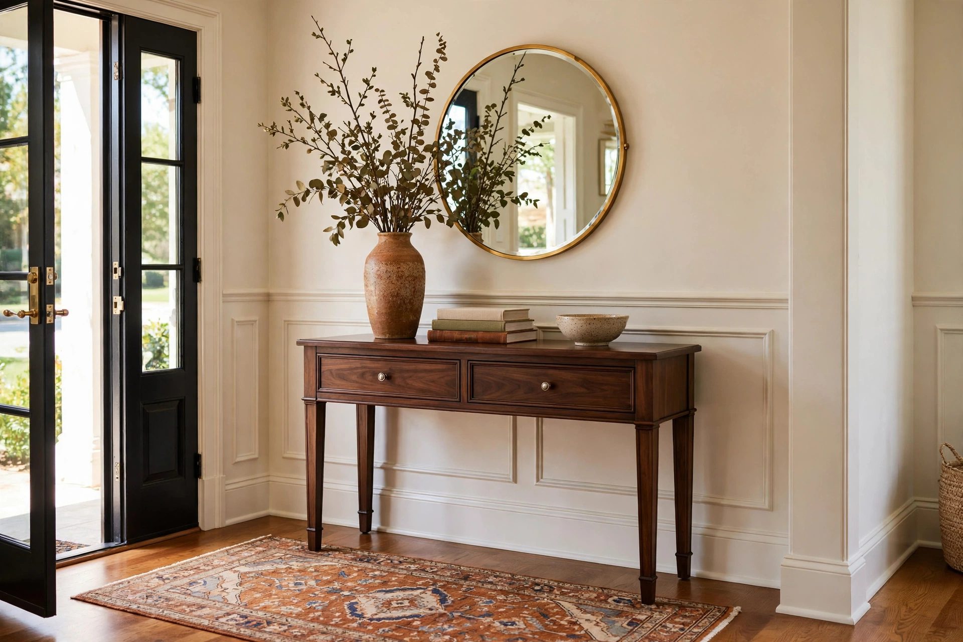 Entryway with a dark walnut console table styled with a vase and mirror above — chocolate brown decor idea