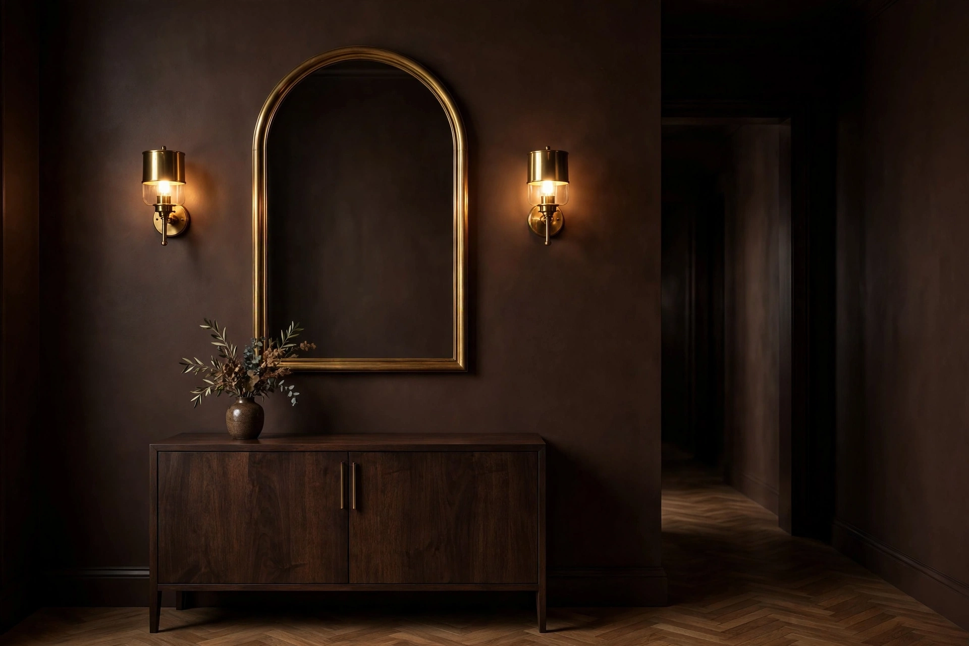 Chocolate brown wall with an arched brass mirror flanked by brass sconces — chocolate brown decor idea