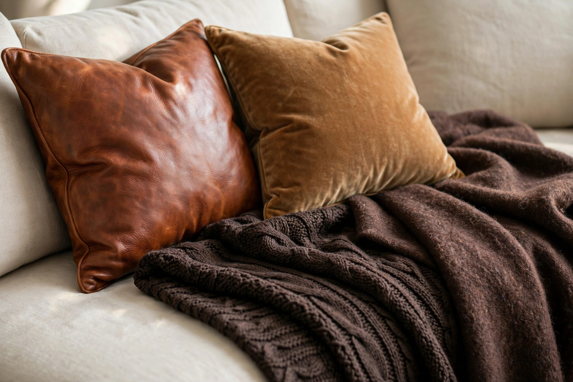 Sofa layered with brown throw pillows and knit throws in mixed caramel and espresso tones — chocolate brown decor idea