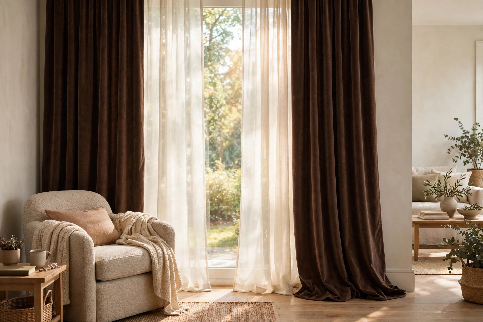 Floor-to-ceiling chocolate brown velvet curtains framing a bright window — chocolate brown decor idea