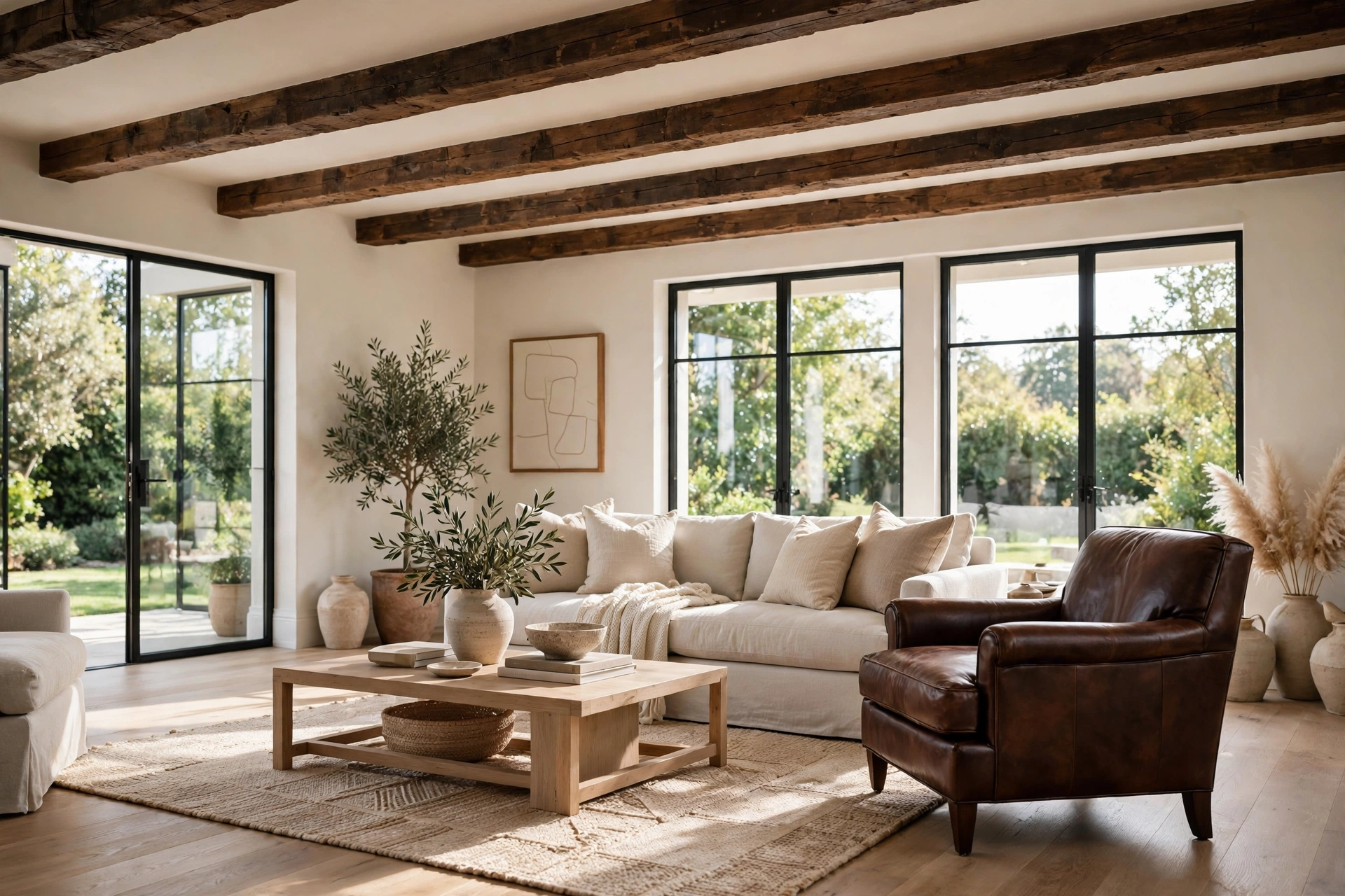 Living room with dark wood ceiling beams against a white ceiling — chocolate brown decor idea