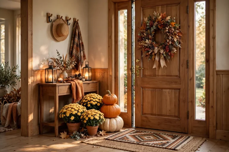Welcoming fall entryway decor ideas with an autumn wreath on the front door, pumpkins, mums, and a layered rug