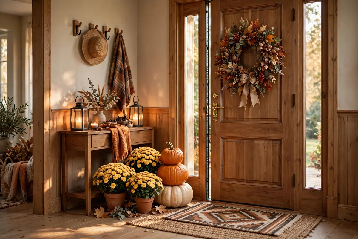 Welcoming fall entryway decor ideas with an autumn wreath on the front door, pumpkins, mums, and a layered rug