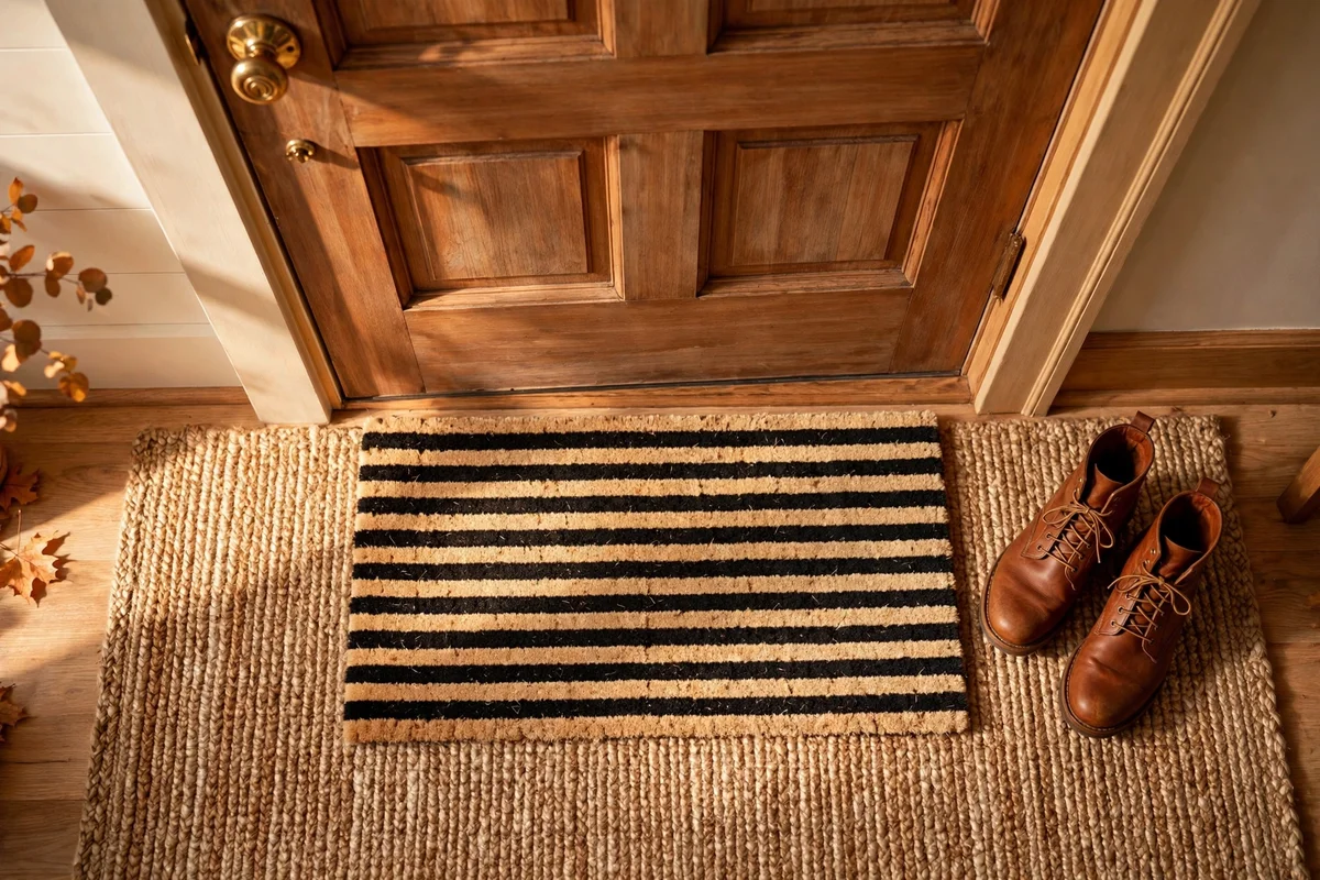 Layered jute rug and patterned doormat at the front door — simple fall entryway decor ideas for autumn