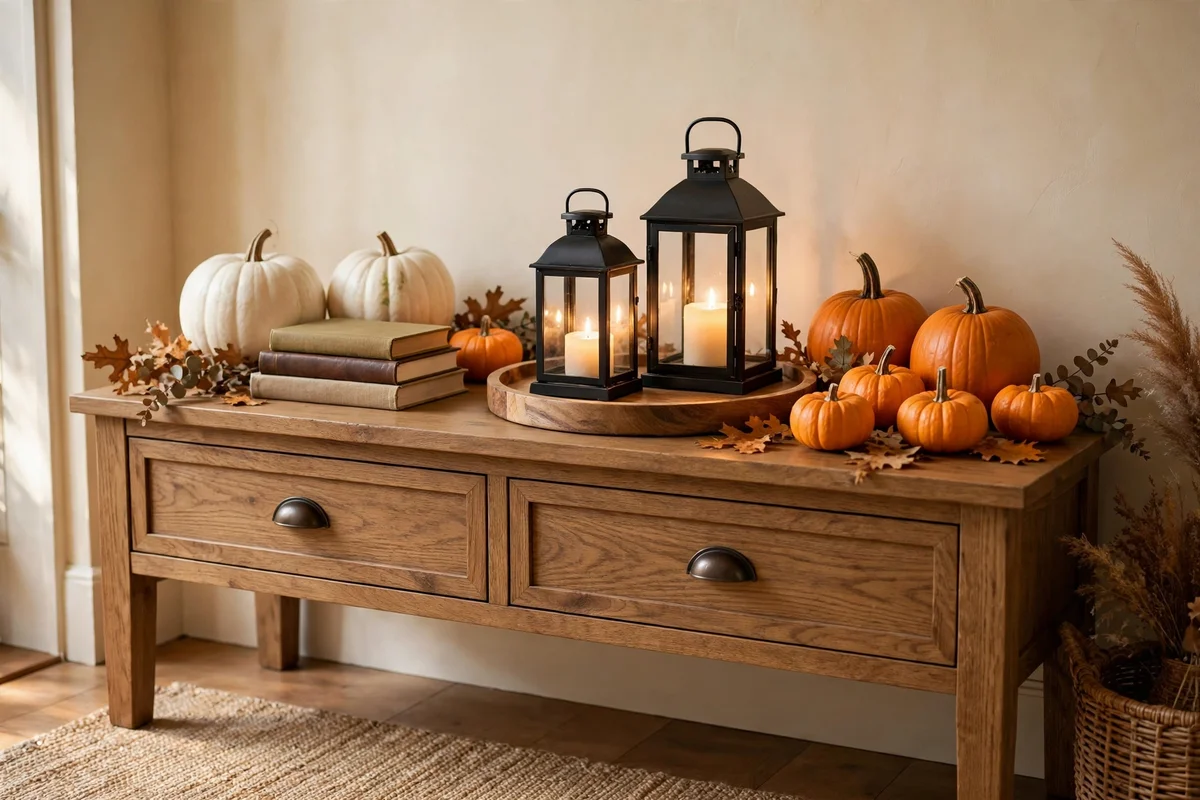 Wooden console table styled with pumpkins and glowing lanterns — fall entryway decor ideas for a console vignette