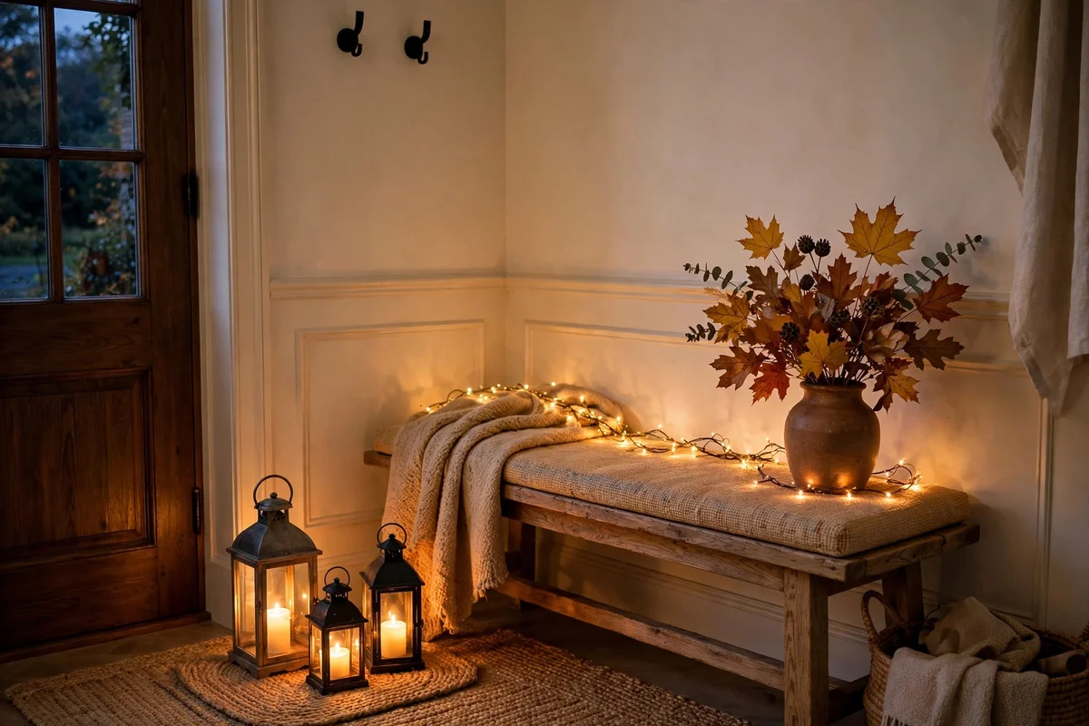 Warm lantern light and fairy lights glowing in a cozy entryway — fall entryway decor ideas with layered lighting