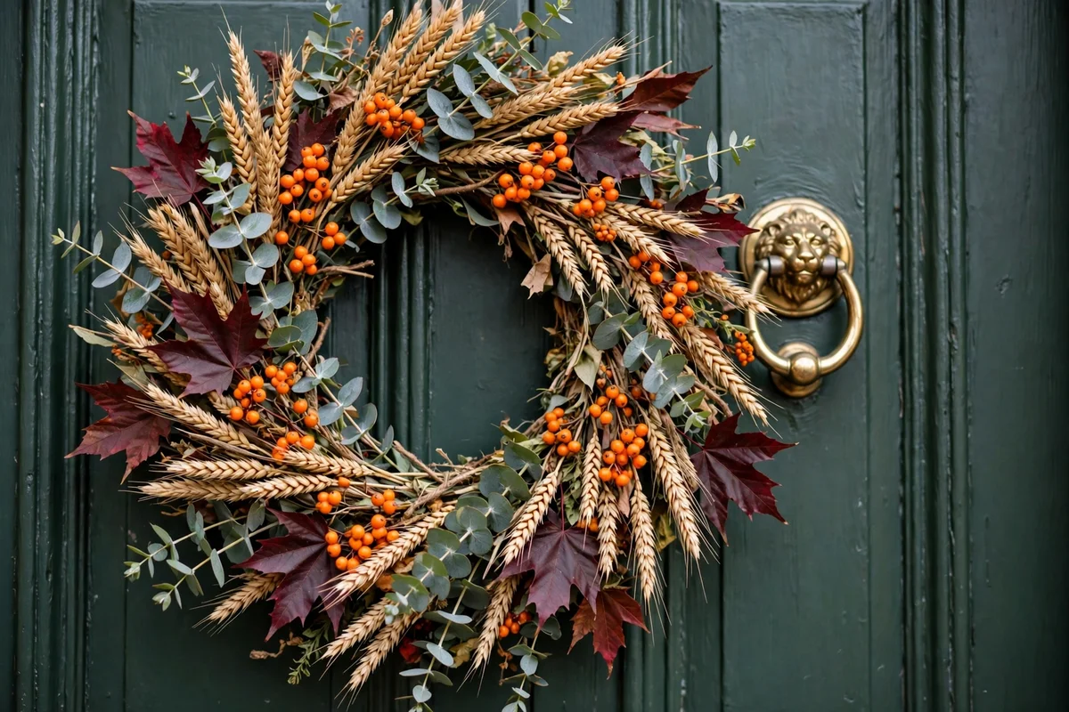 Autumn wreath of dried wheat, berries, and maple leaves on a front door — classic fall entryway decor ideas
