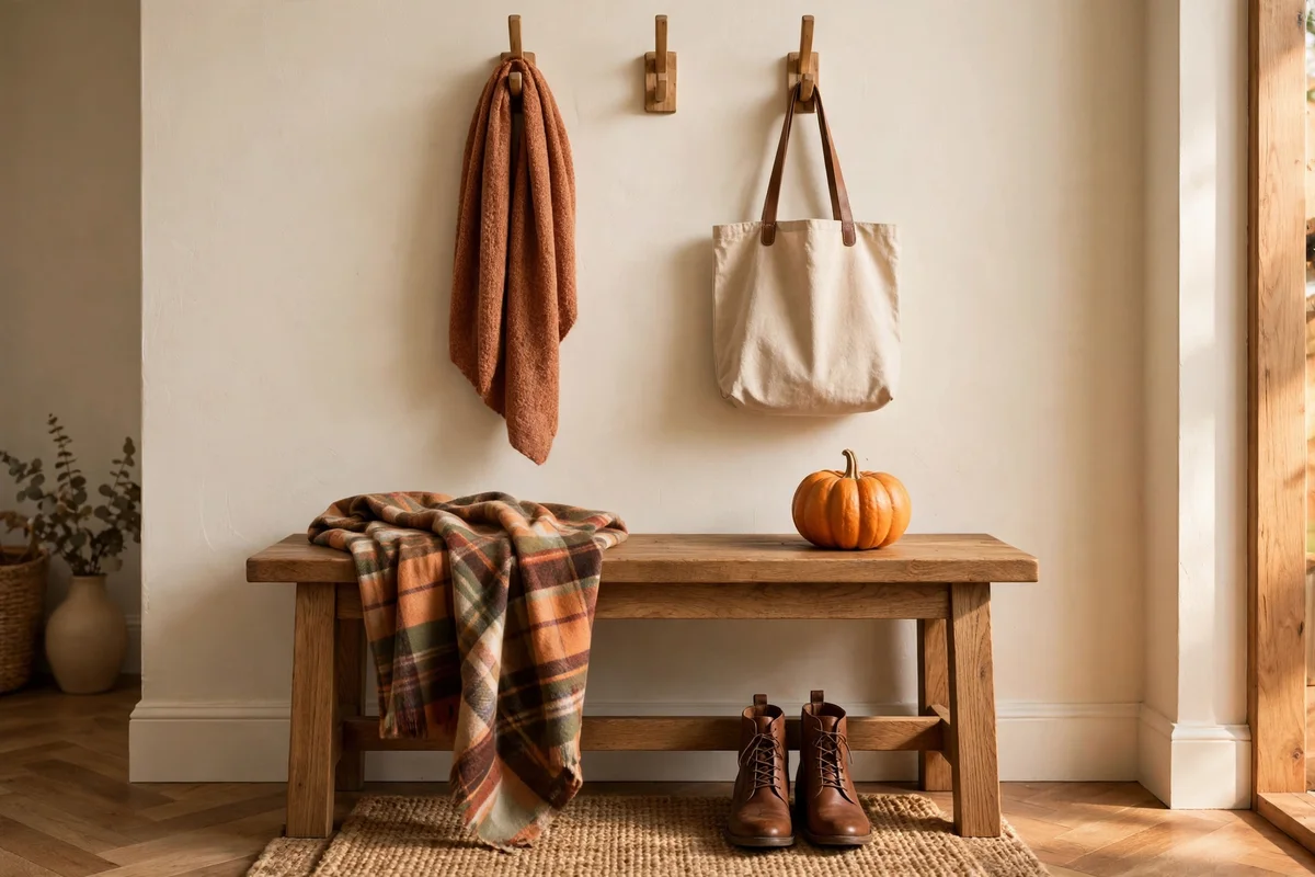 Wooden entryway bench styled for fall with a folded throw, boots, and wall hooks — practical fall entryway decor ideas