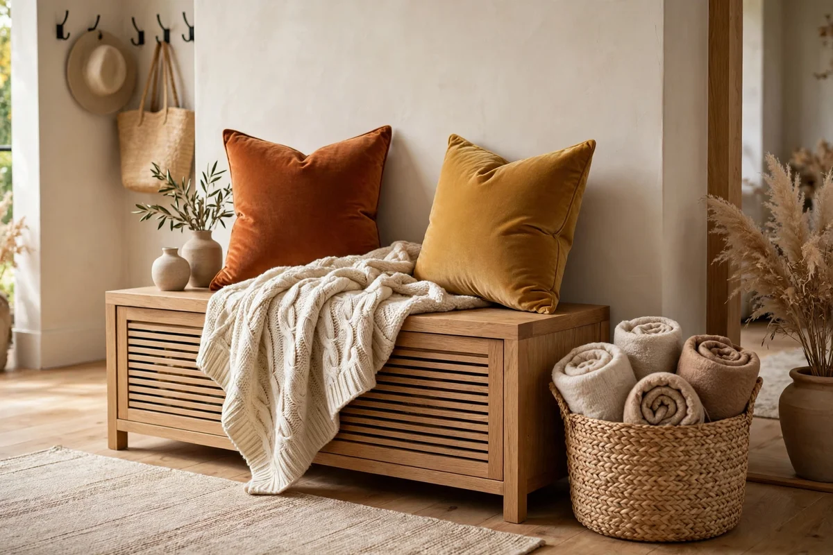 Entryway bench layered with a chunky knit throw and rust velvet pillows — cozy fall entryway decor ideas with textiles