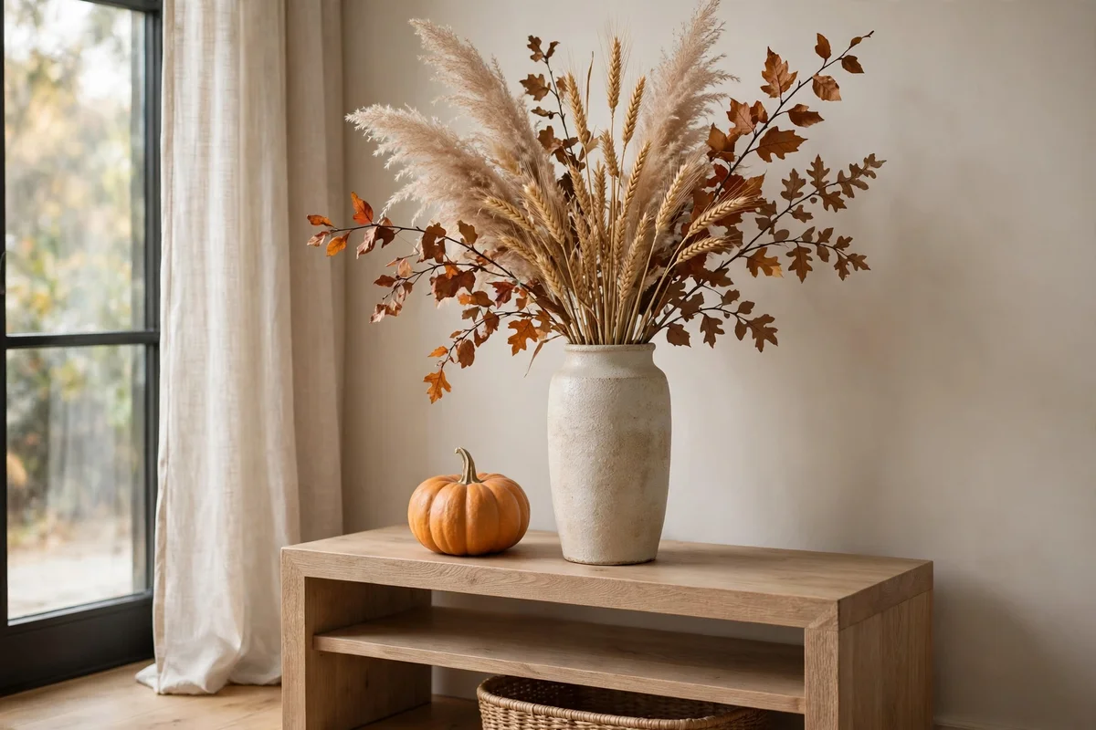 Tall vase of dried pampas grass and wheat stems on an entryway console — natural fall entryway decor ideas