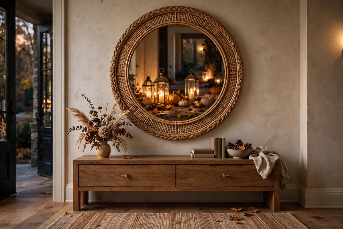 Round rattan mirror above a console table reflecting lanterns and pumpkins — fall entryway decor ideas that bounce light