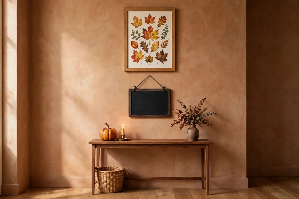 Framed autumn botanical print and chalkboard greeting above an entryway console — fall entryway decor ideas for walls