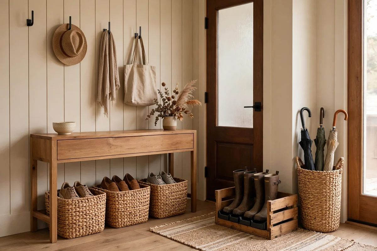 Woven baskets and a wooden crate organizing shoes by the front door — tidy fall entryway decor ideas with storage