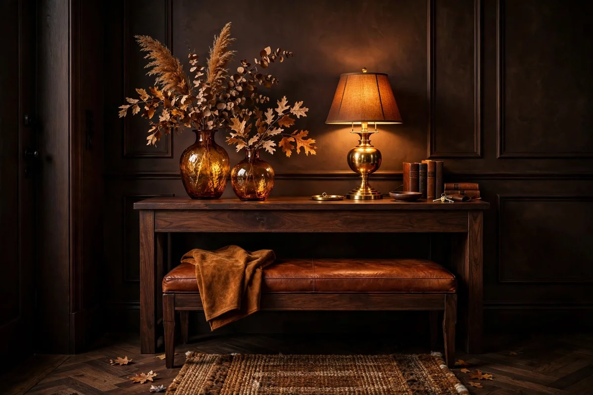 Moody entryway in chocolate brown and amber tones with brass lamp glow — rich fall entryway decor ideas with autumn color