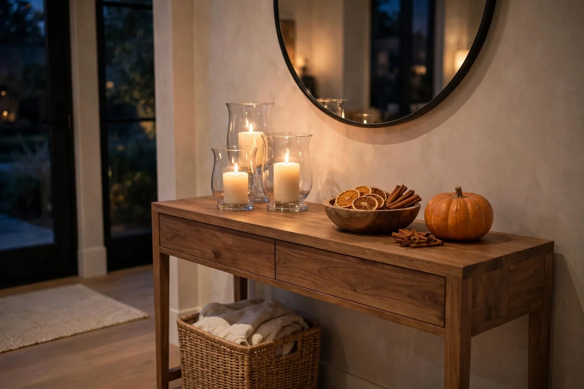 Lit pillar candles, cinnamon sticks, and dried orange slices on an entryway console — fall entryway decor ideas with scent