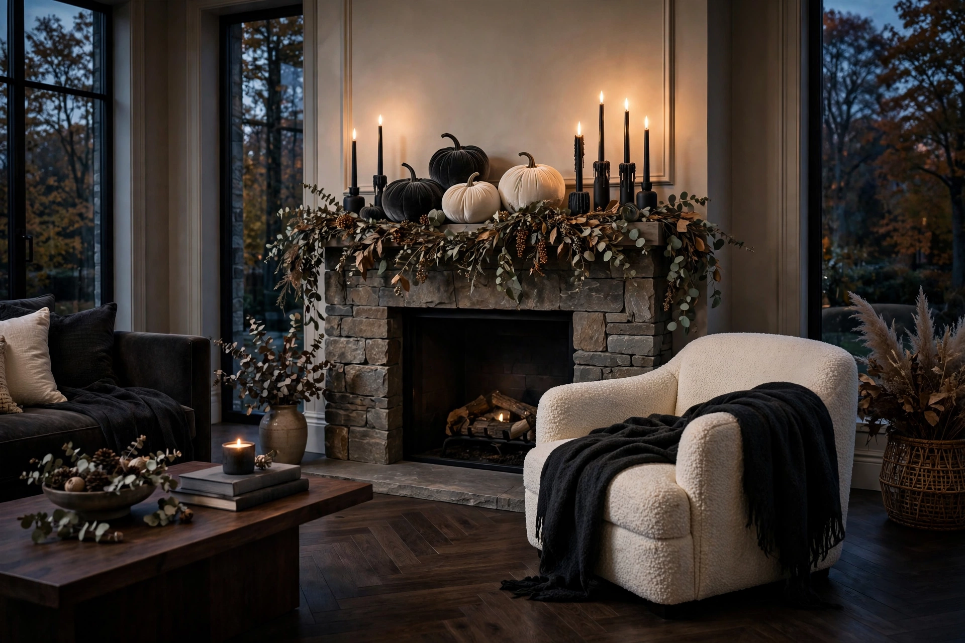 Elegant living room decorated for Halloween in a chic style, with a stone fireplace, dried eucalyptus garland, black taper candles, and velvet pumpkins — halloween decor idea 2026