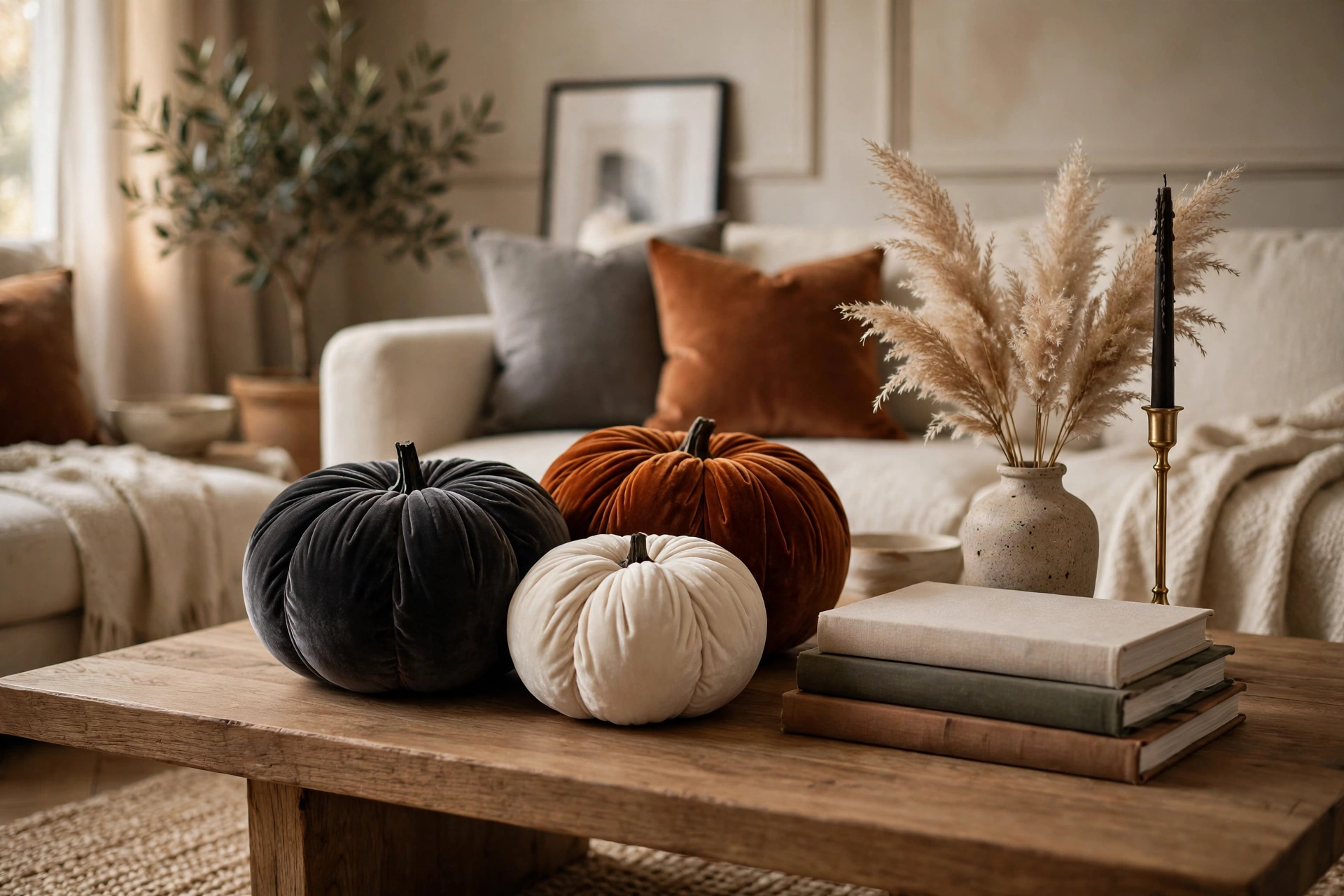 Velvet pumpkins in charcoal, cream, and rust arranged on a wooden coffee table with art books and dried pampas grass — halloween decor ideas 2026