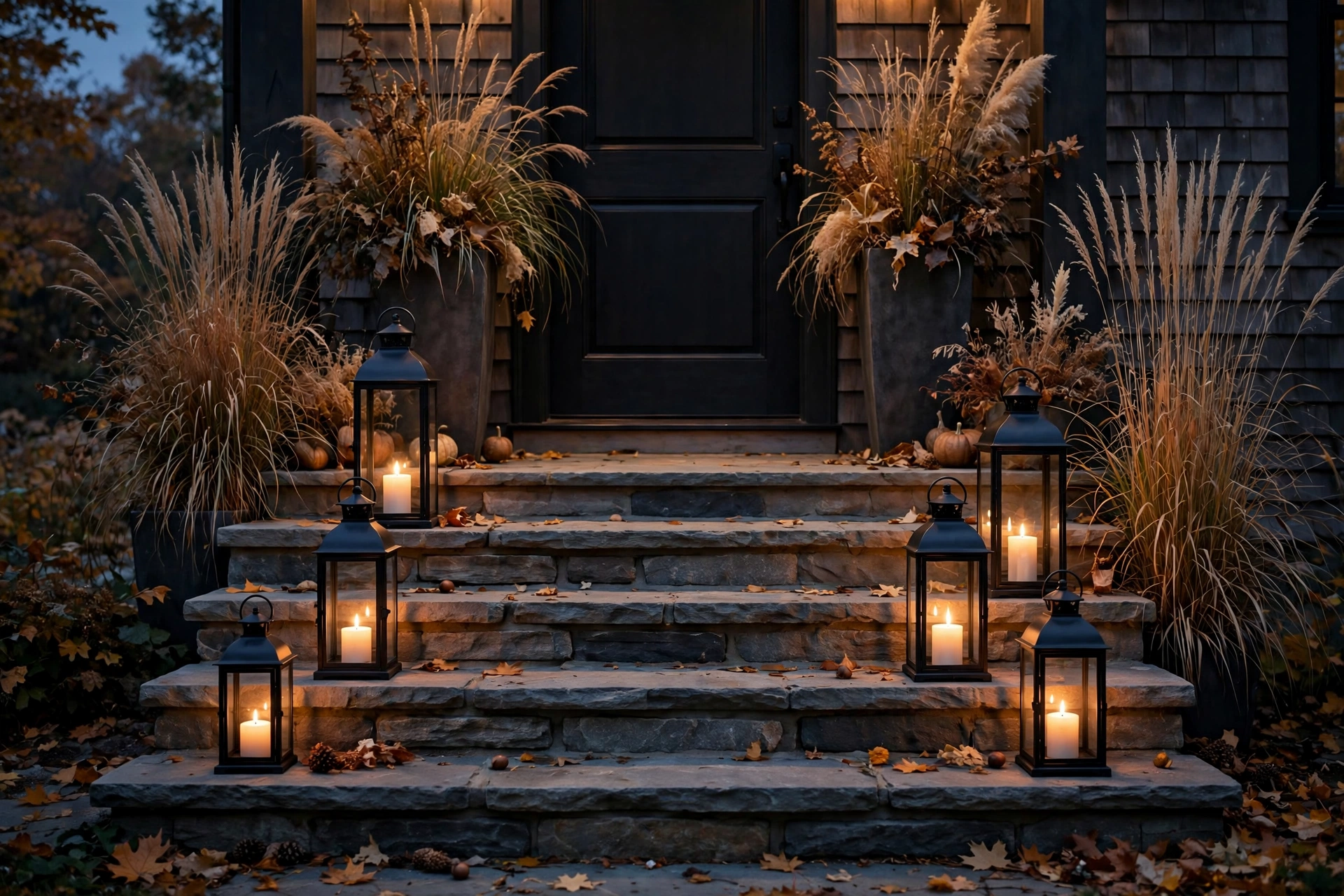 Front porch at dusk lined with black metal lanterns glowing warmly, flanked by planters of ornamental grasses — halloween decor ideas 2026