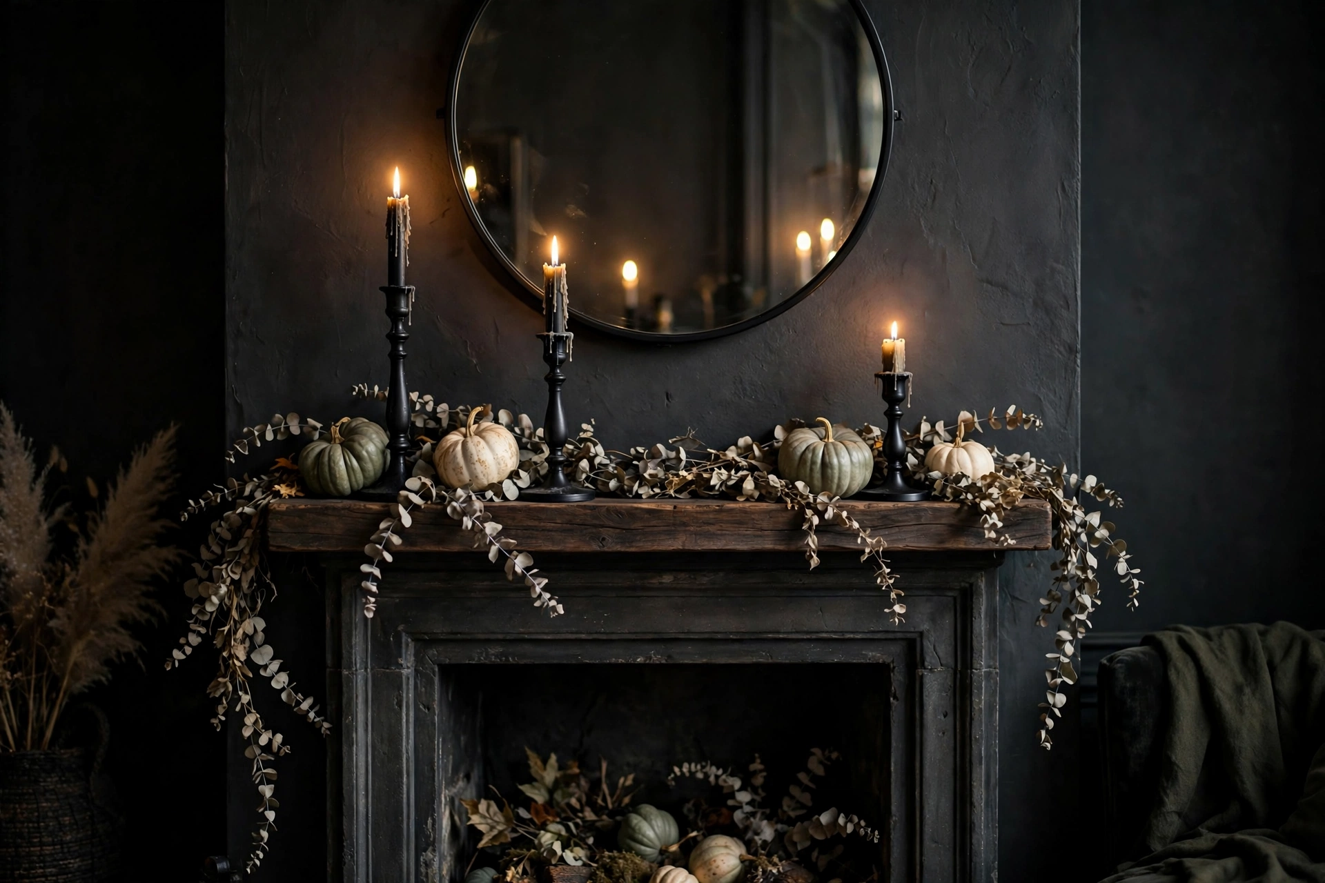 Fireplace mantel layered with black candlesticks of varying heights, dried eucalyptus garland, and muted heirloom gourds — halloween decor ideas 2026