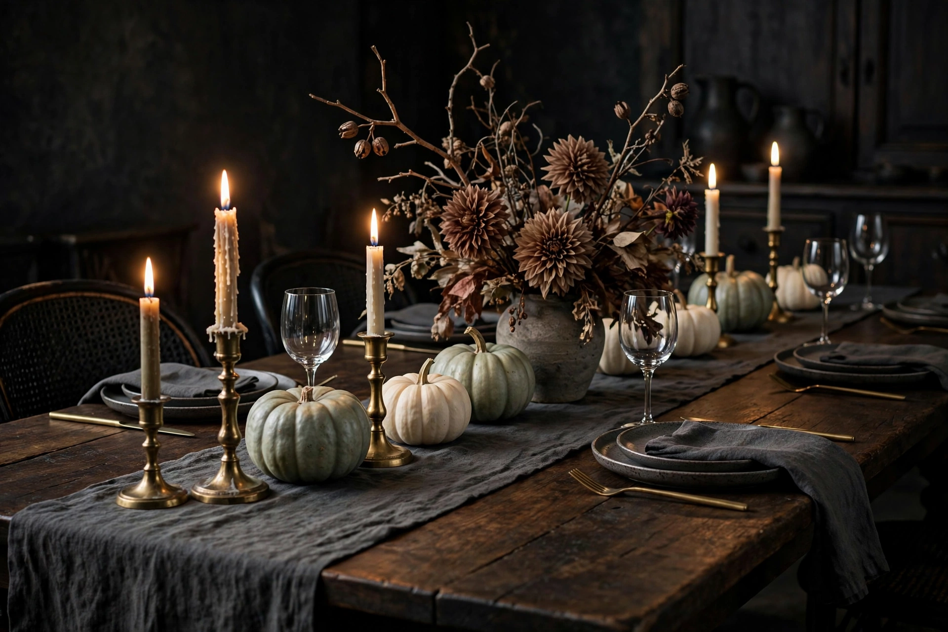 Moody dining tablescape with a charcoal linen runner, brass candlesticks, mini white pumpkins, and dried florals — halloween decor ideas 2026