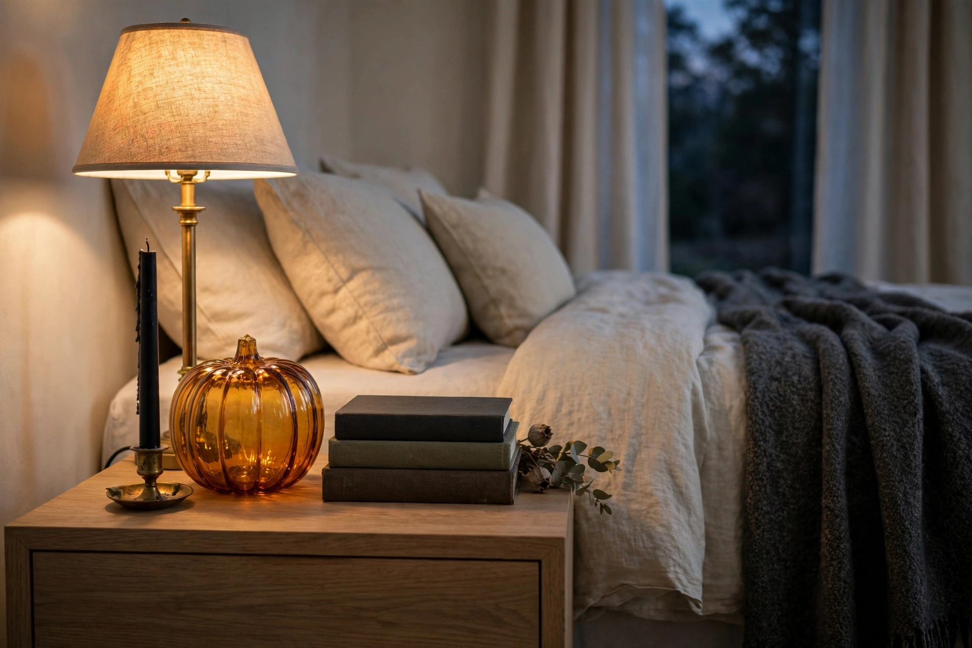 Bedroom nightstand styled with a black taper candle in a brass holder, an amber glass pumpkin, and a stack of books — halloween decor ideas 2026