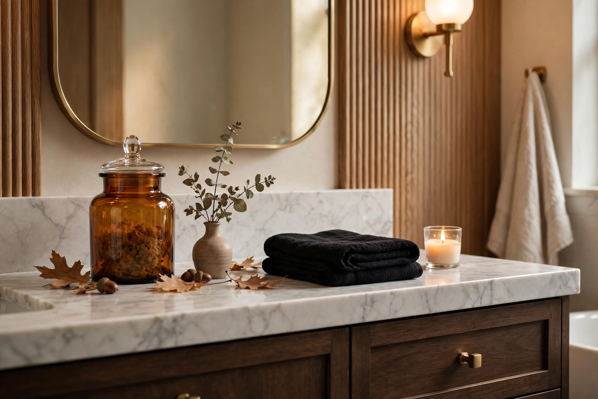 Bathroom vanity with an amber apothecary jar, dried eucalyptus sprig, black hand towel, and a small votive candle — halloween decor ideas 2026