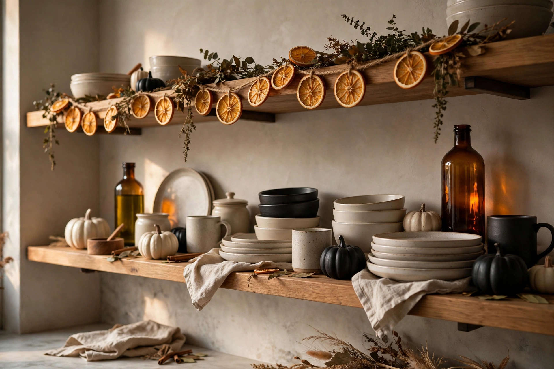 Open kitchen shelves decorated for fall with amber glass bottles, a dried orange slice garland, and small ceramic pumpkins — halloween decor ideas 2026