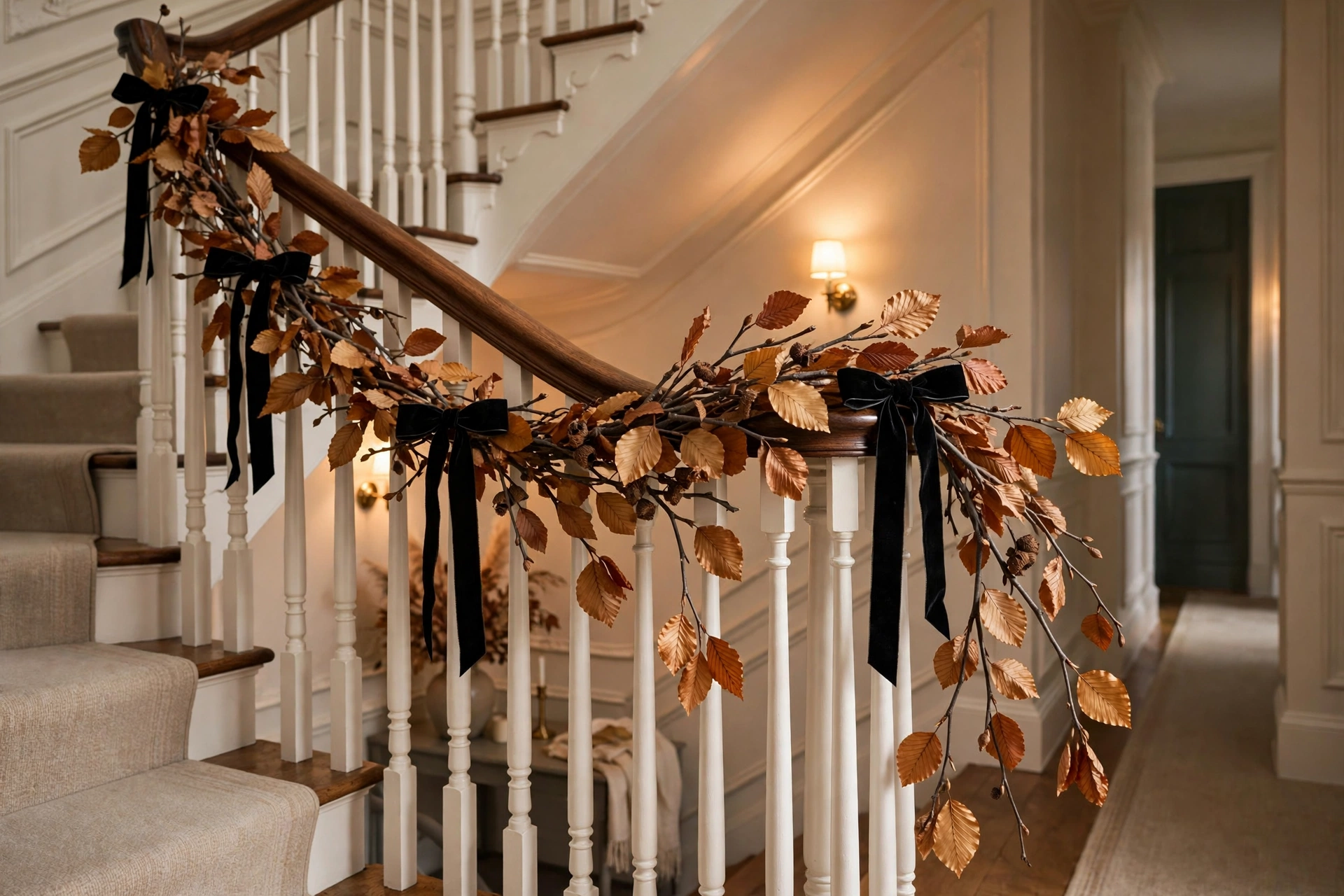 Staircase banister draped with a dried leaf garland tied with black velvet ribbon bows — halloween decor ideas 2026