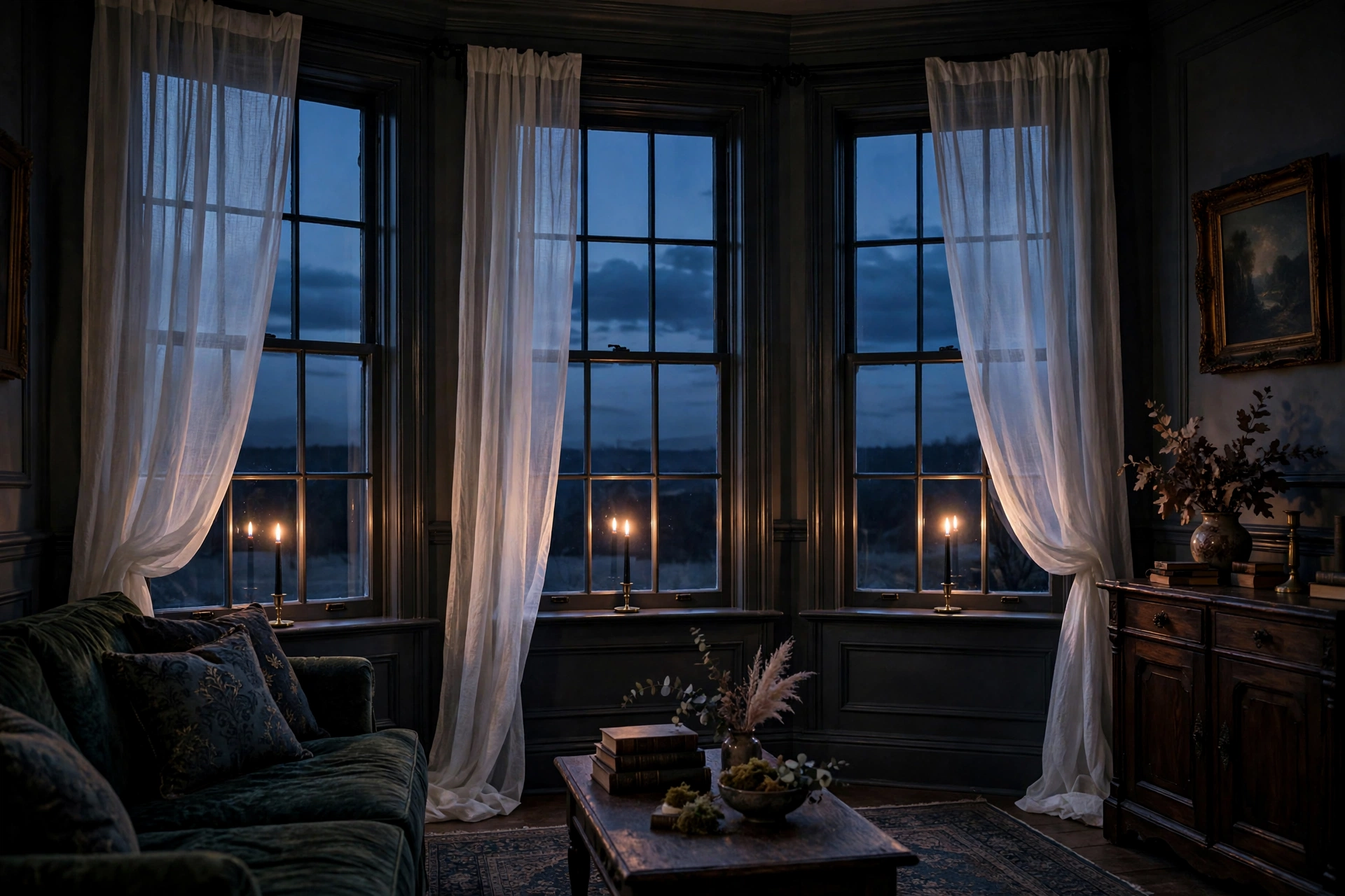 Front windows at dusk glowing with single black taper candles in each window — halloween decor ideas 2026