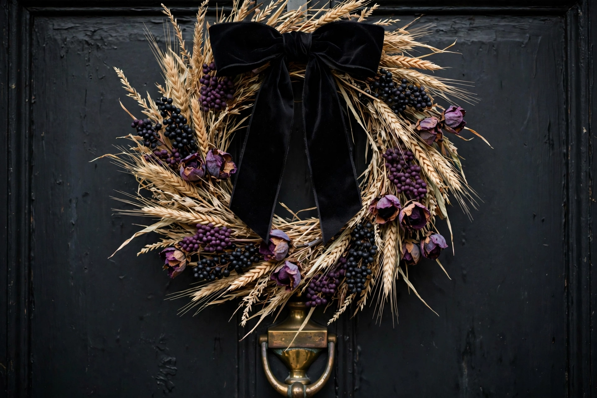 Front door wreath made of dried grasses and black berries hung with black velvet ribbon on a dark door — halloween decor ideas 2026
